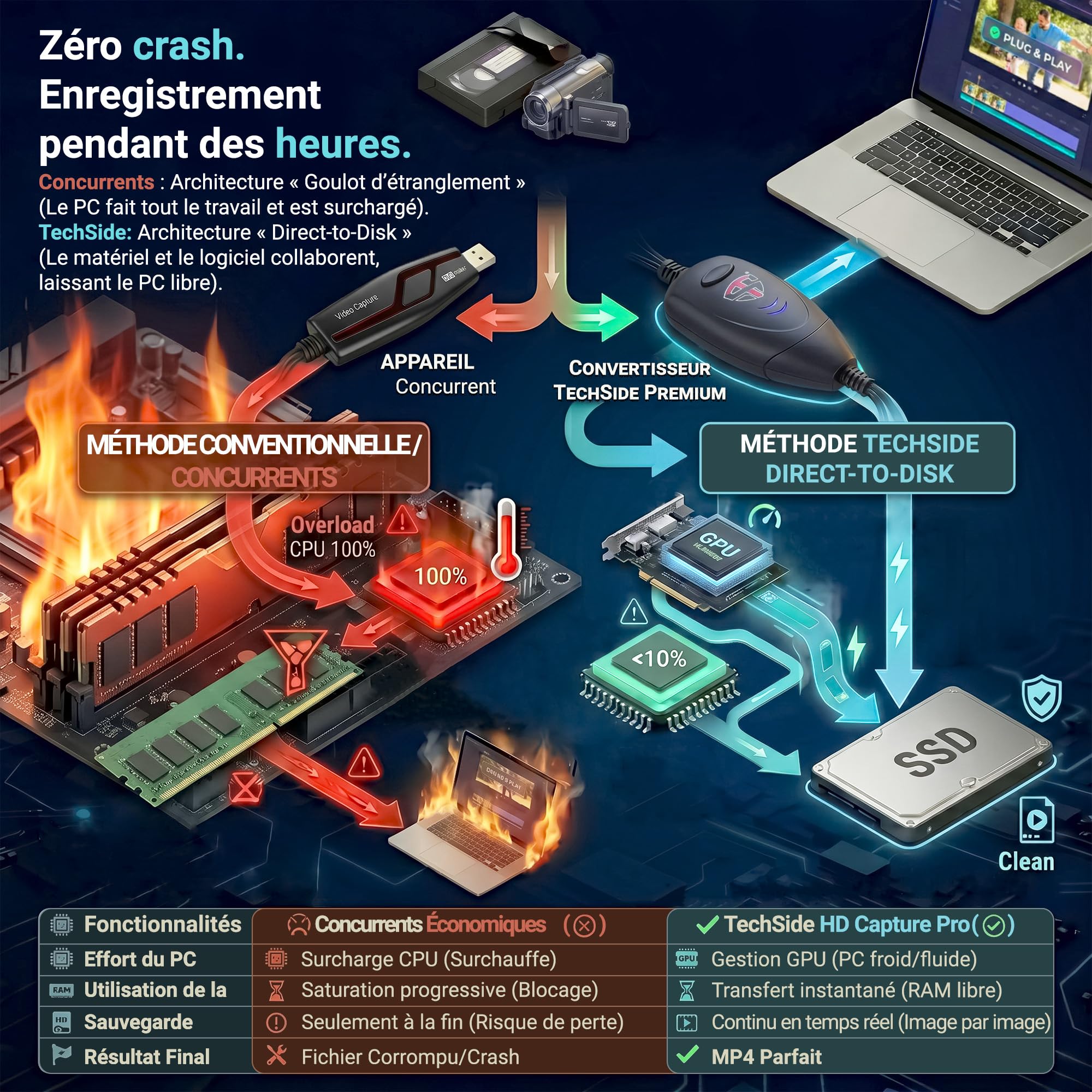 TechSide Video Grabber 2026 : Convertisseur Numérique et Analogique USB 2.0 avec SCART + câble RCA | Carte d Acquisition & Capture Vidéo VHS/Hi8 pour magnétoscope VHS Neuf – Windows 11/10