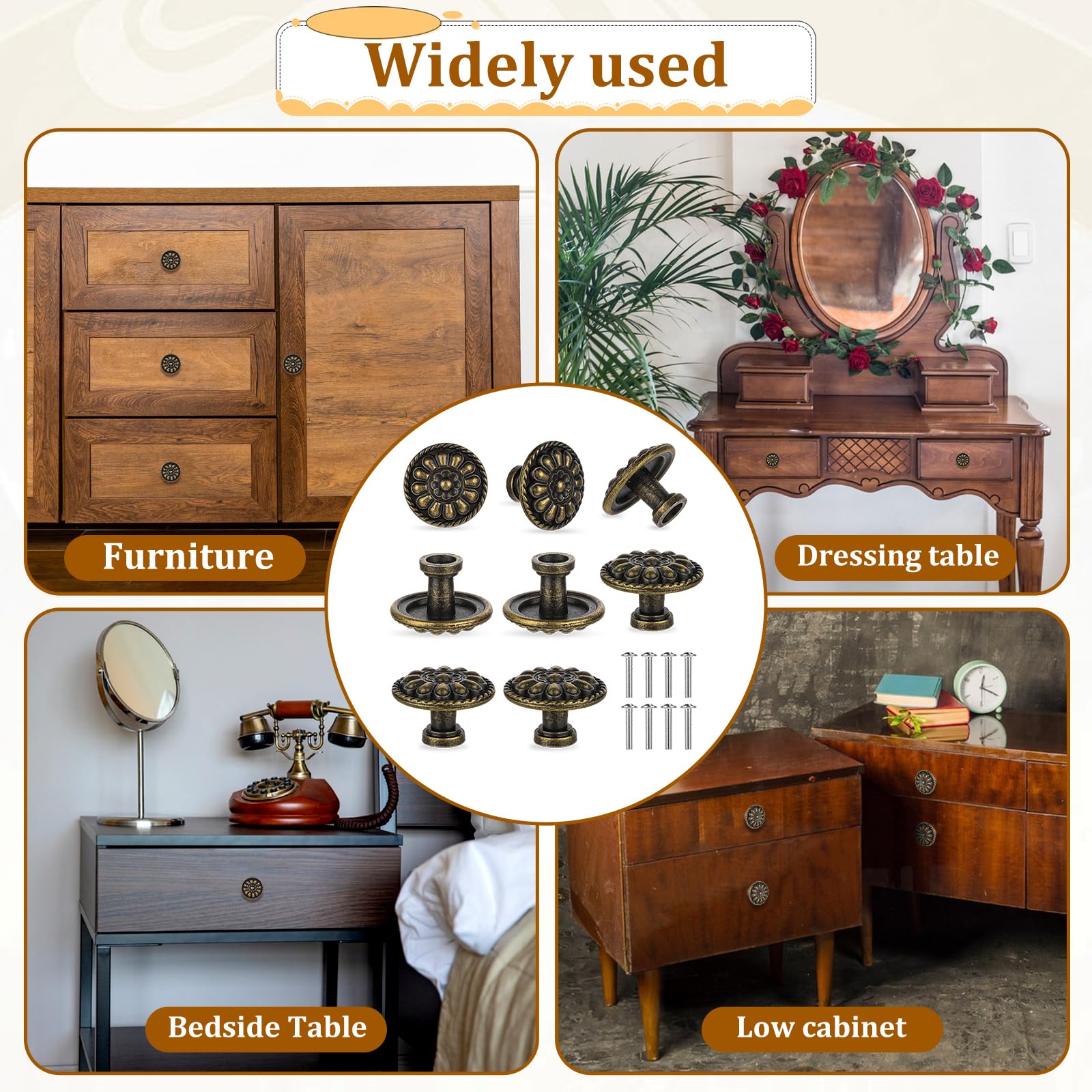 JJUNW Möbelknöpfe Bronze, 8 Stück Möbelgriffe Vintage mit Schrauben, 30mm Schrankknöpfe Bronze Farbe Runde Blumen Muster Schubladengriffe für Schublade Schrank Möbel Küchenschränke Kleiderschrank