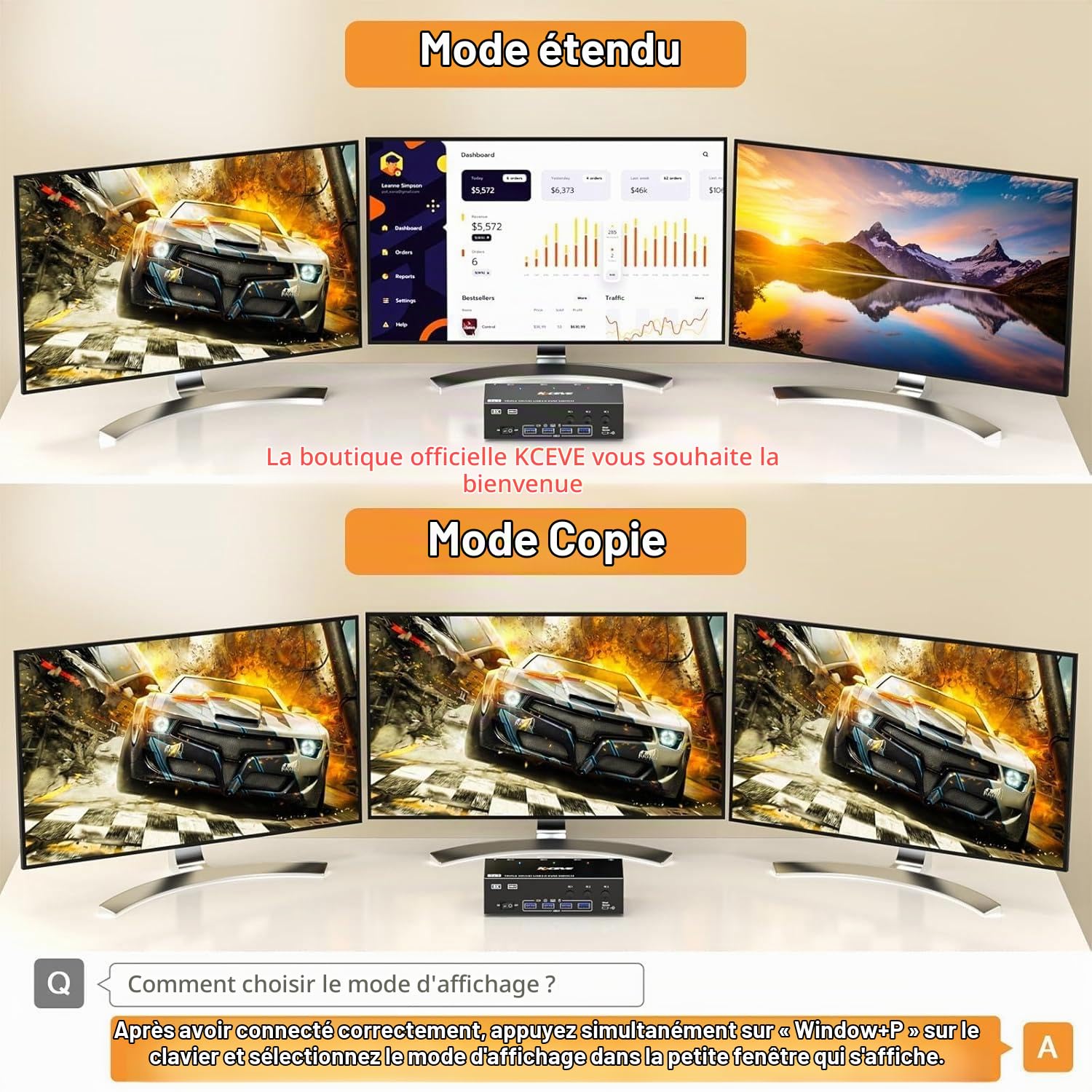 Commutateur KVM 3 moniteurs 3 PC, Displayport HDMI USB 3.0 Commutateur KVM pour deux écrans, prend en charge 4K @ 60 Hz pour 3 ordinateurs