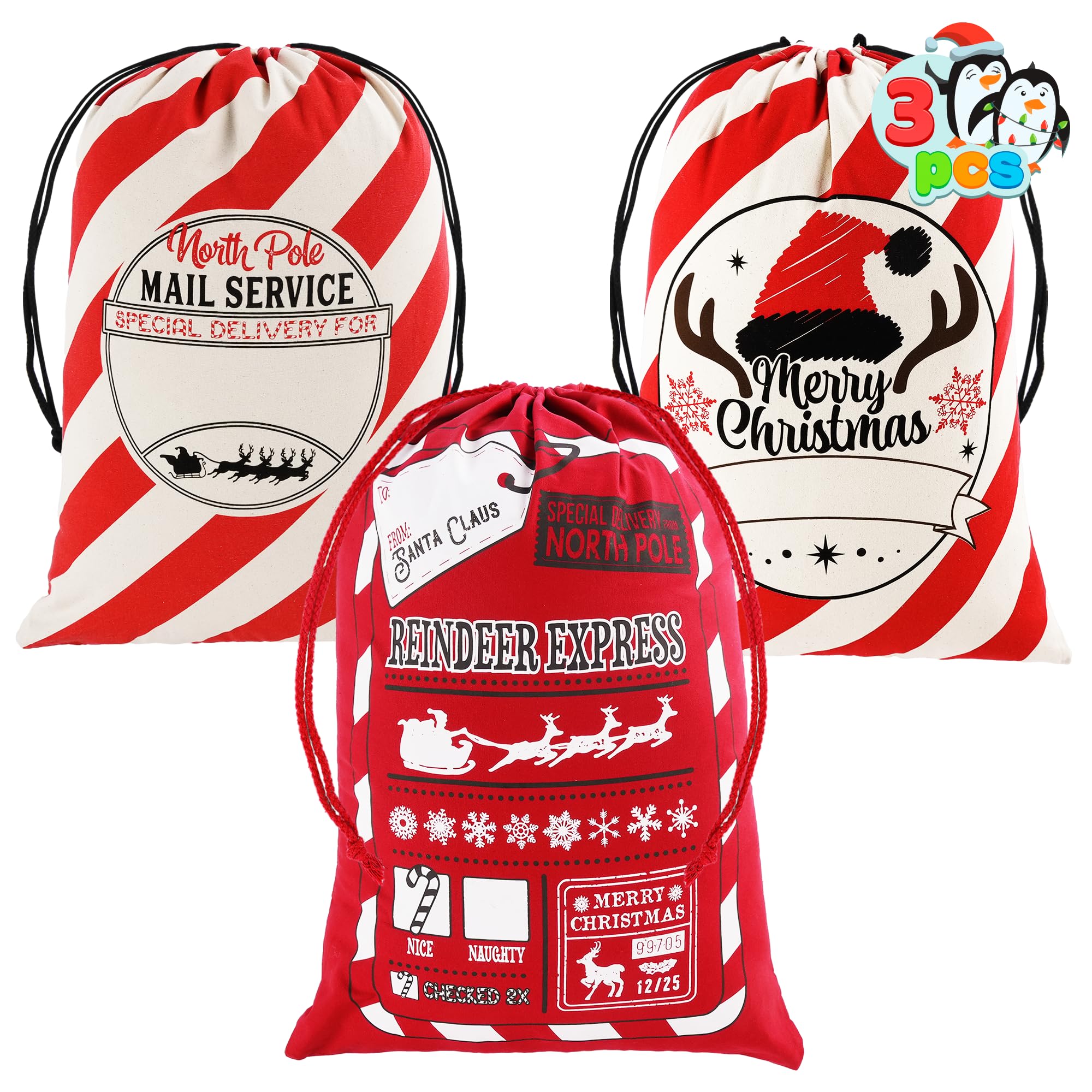 JOYIN 3 PCS Christmas Personalized Santa Burlap Sack Gift Bags with Drawstring for Large Xmas Package Storage Bag, Holiday Party Supplies, Xmas Party Favors 26" x 19