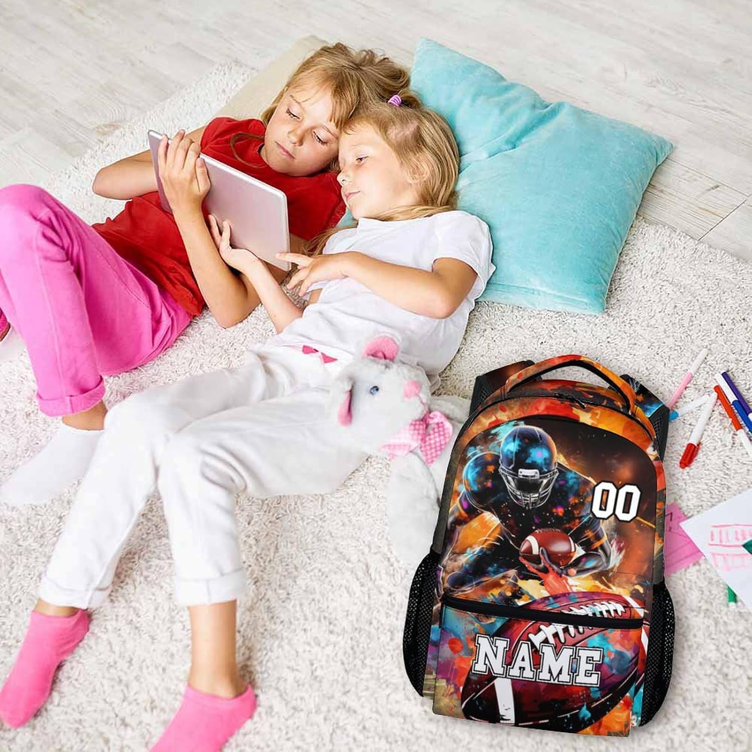 Backpack for Boys, Custom Football School Backpacks with Name for Kids Age 6-18, Sports Bookbag for Primary, Middle High Senior School College, 17 Inch Large Capacity Schoolbag Gifts