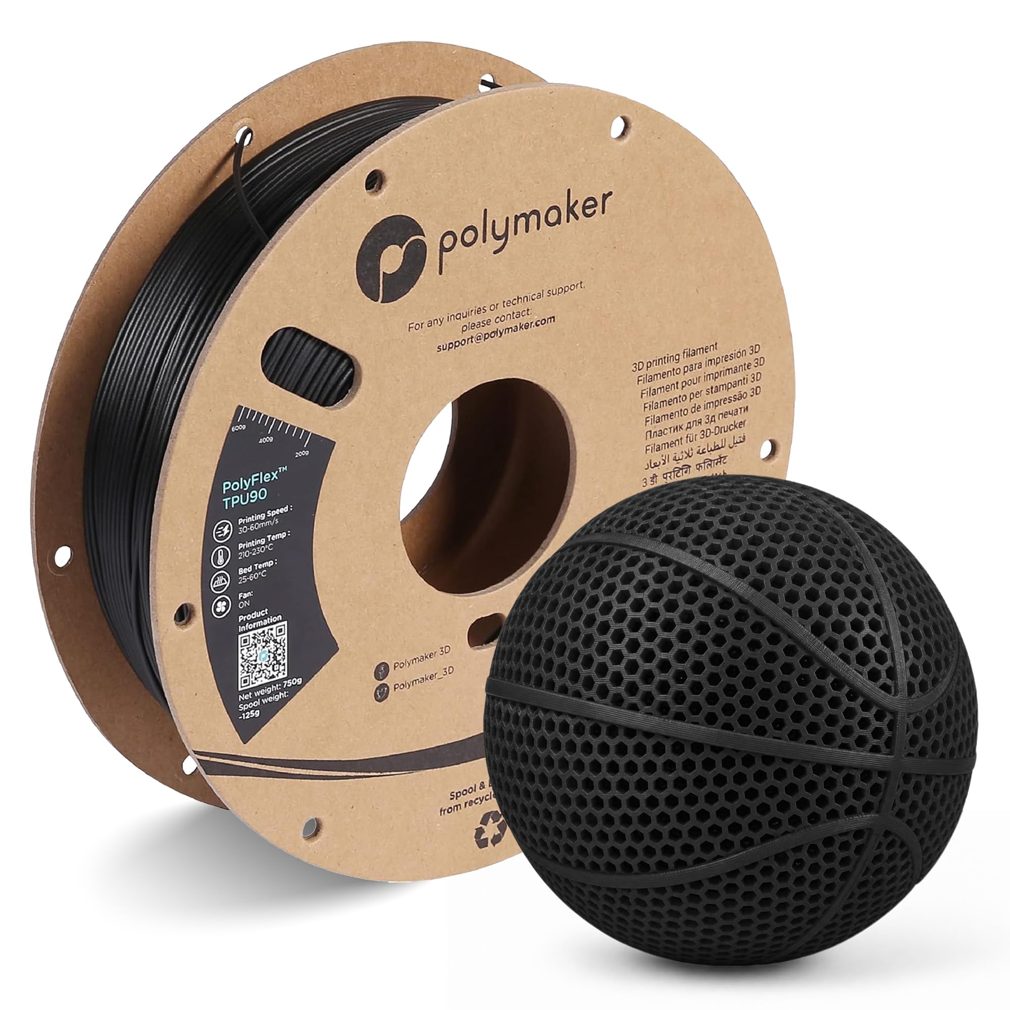 Polymaker TPU Filament 1.75 Black, 750g Shore 90A Flexible Filament 1.75mm, Cardboard Spool - PolyFlex TPU90 3D TPU Filament 1.75mm Black Soft Filament Flexible