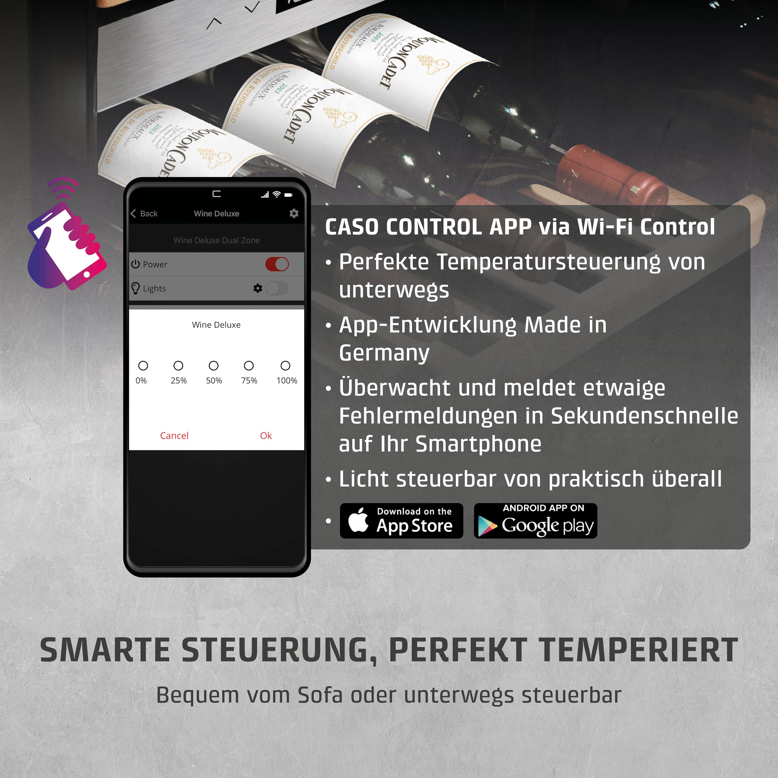 Caso WineExclusive 24 Smart - Design Weinkühlschrank, bis zu 24 Flaschen, Zwei getrennte Temparaturzonen einstellbar von 5°-20°C, LED beleuchtet, mit Wi-Fi Modul und App