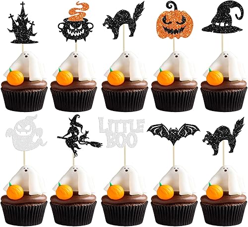 Gyufise 24 adornos para cupcakes de Halloween con calabaza, fantasma, purpurina negra, decoraciones para cupcakes para niños, decoración de fiesta