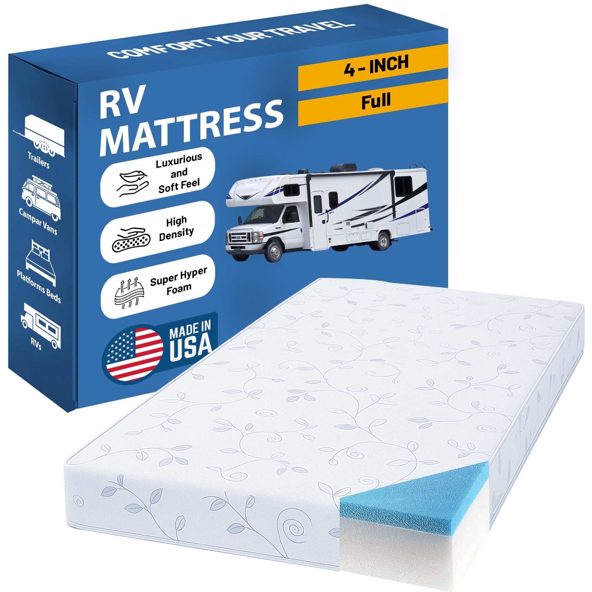 Greaton, 4-Inch High-Density Cooling Gel Memory Foam RV Mattress Replacement, Medium Firm, Good for Trailers, Camper Vans and Other Furniture