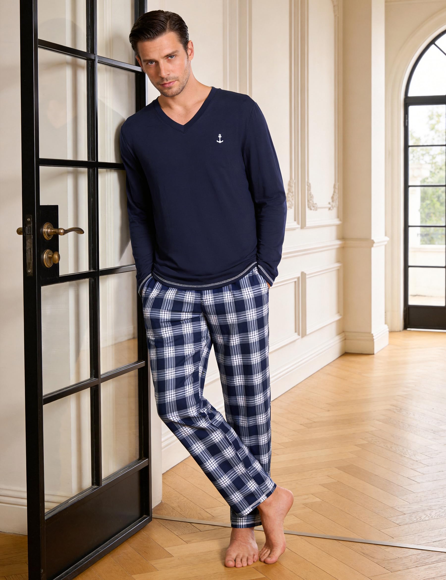 Marvmys Pijamas Hombre Invierno Largo Conjunto Algodón Cuello en V Manga Larga Tops Pijama Pantalones con Bolsillo