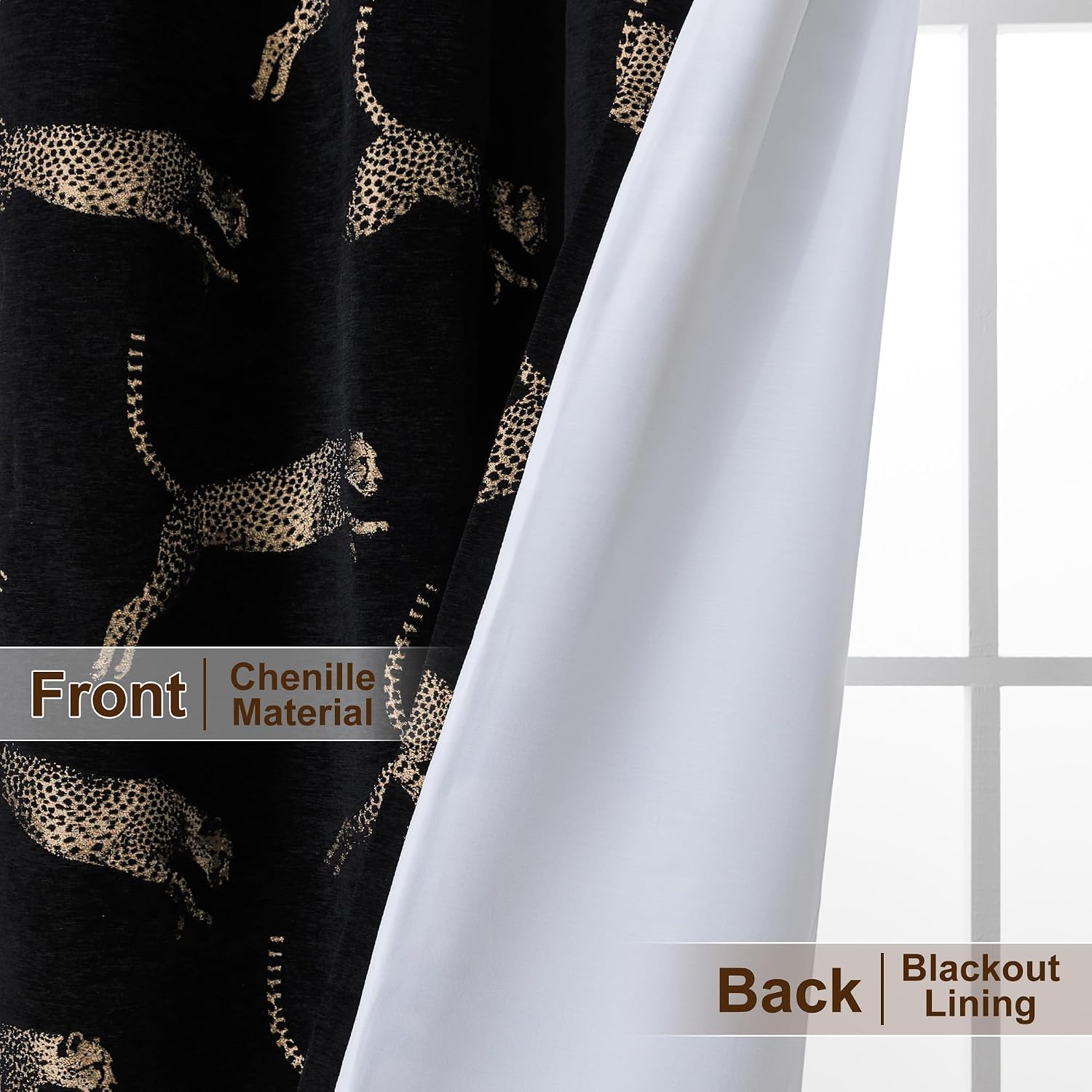 Luxury Leopard Curtains for Bedroom, Vintage Wild Animal Chenille Jacquard Blackout Window Curtains with Tiebacks, Grommet Lined Black Curtain for Living Room(2 Panels, 52”x 84”)