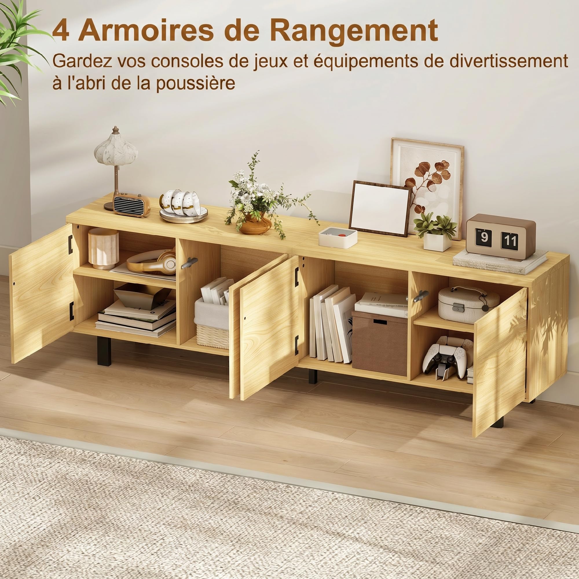 HOMCOM Meuble TV 180 cm Téléviseur jusqu'à 82 Pouces Effet Bois Naturel