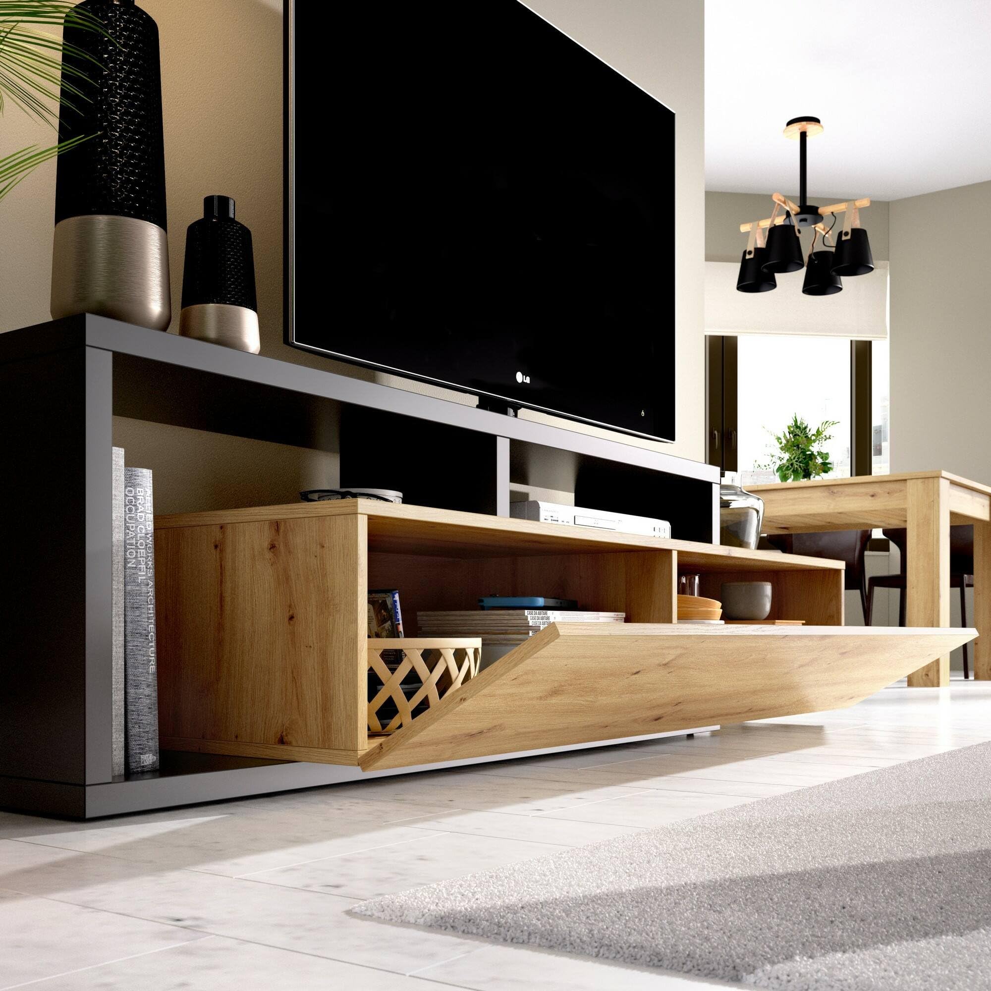 Dmora - Mobile porta TV Maiella, Credenza bassa da soggiorno, Madia da salotto per televisione, 165x40h47 cm, Rovere Nodi e Antracite