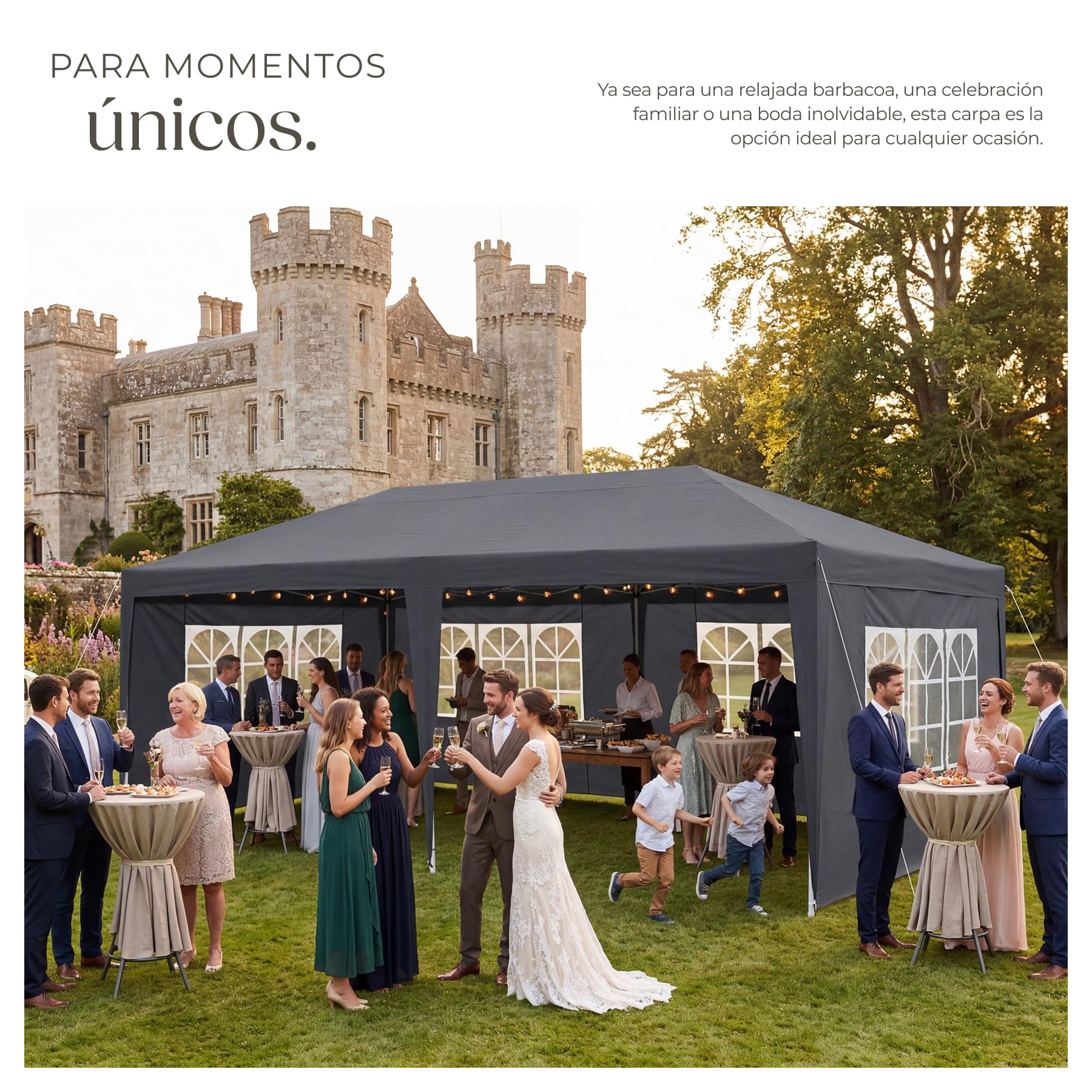tectake® Carpa Desmontable 3x6 m, con 5 Paneles Laterales Desmontables, Protección a la Intemperie, Cenadores para Jardin, Playa, Cuerdas Tensoras y Piquetas, Carpas para Exteriores - Gris