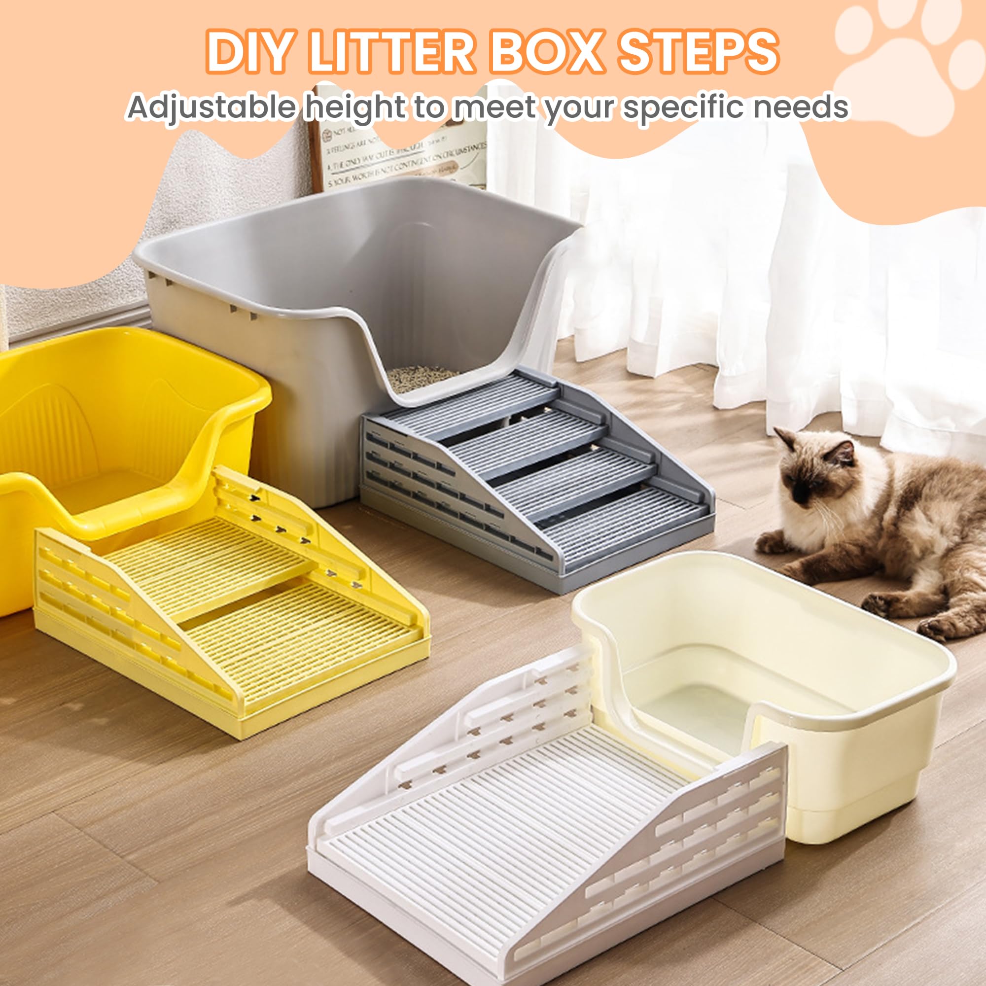 Caja de arena ajustable para gatos con función de filtro, rampa para gatos, atrapador de arena para escaleras, color amarillo