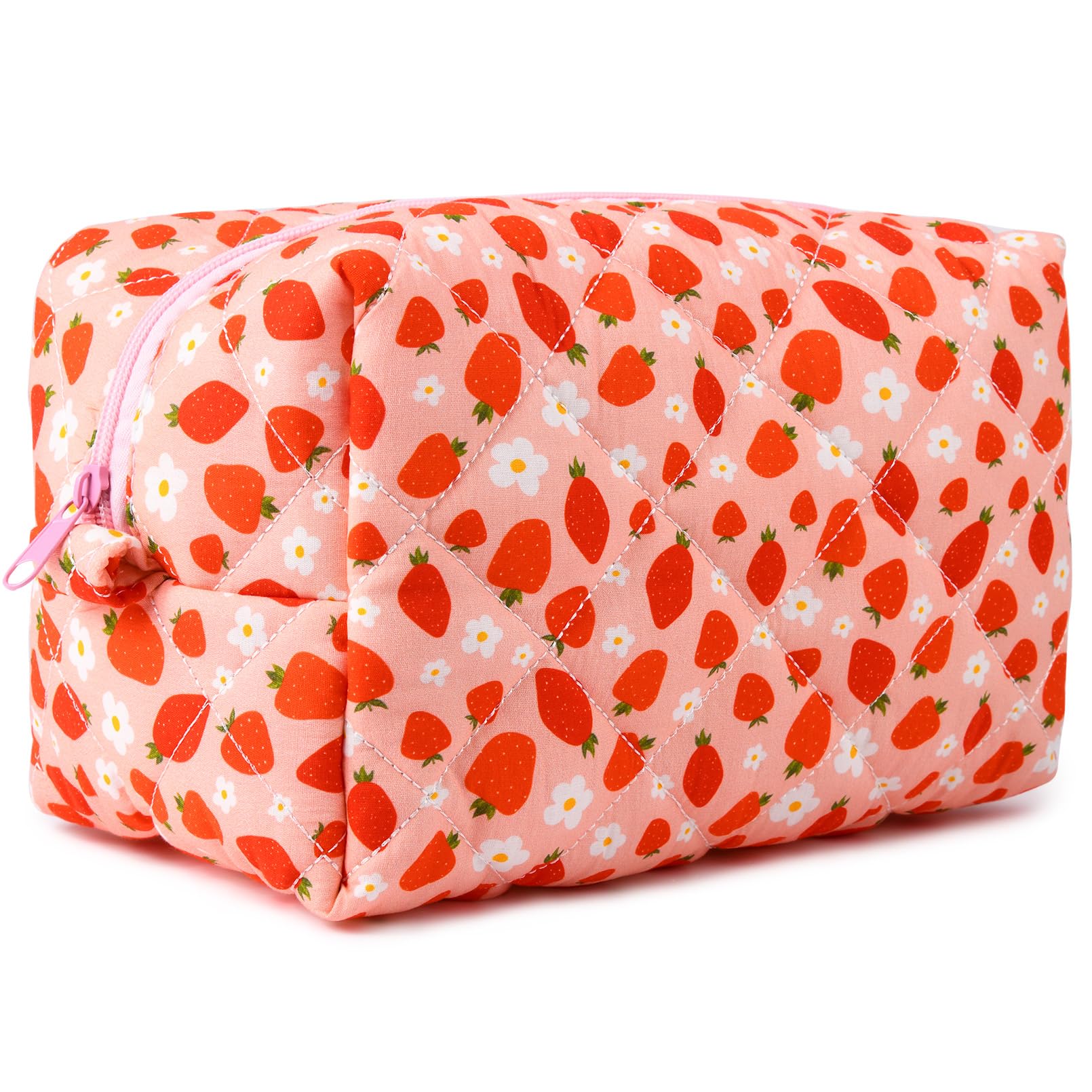 SOIDRAMPink Makeup Bag Quilted Cosmetic Bag Puffy Coquette Makeup pouch Aesthetic Strawberry Cute Travel Toiletry Bag Large Organizer cotton Makeup Brushes Storage Bag for Women