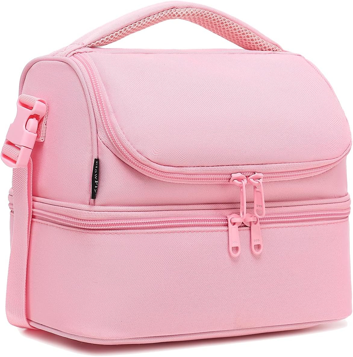 FlowFly Double Decker Cooler Insulated Lunch Bag Large Tote for Boys, Girls, Men, Women, With Adjustable Strap,Pink Pink#All