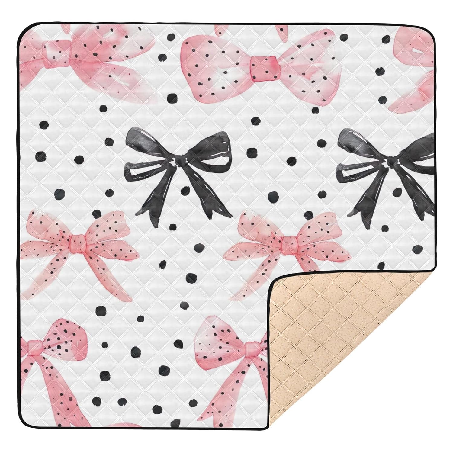 Qilmy Pink Bow Baby Gyms Play Mat for Floor, Waterproof Soft Crawling Mat with Non-Slip Bottom, Lightweight Foldable Picnic Camping Mat for Infants, Toddlers, 50x50in
