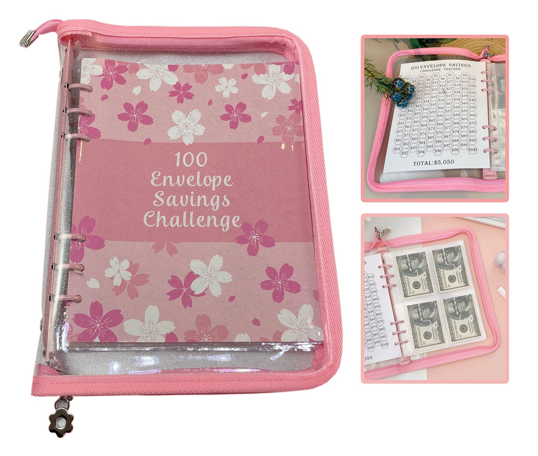 Savings Binder l 52 Week Savings Challenge, Money Binder for Saving,2024 New Reusable Budget Binder Challenges Notebook, 100 Envelopes Money Saving Challenge (Pink)