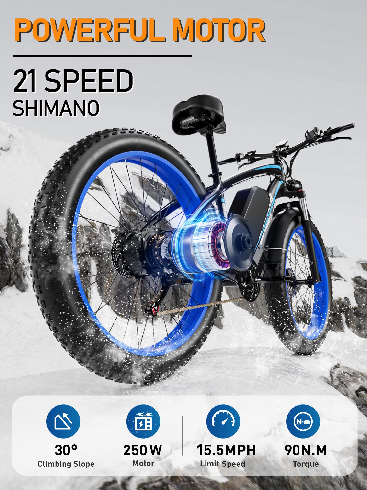 E-Bike für Erwachsene, 26 Zoll Fat Tire Elektrofahrrad, 52V 19,2Ah Akku, bis zu 120 km Reichweite, 250W Motor mit 90Nm Drehmoment, Hydraulische Scheibenbremsen, 21-Gang, für Pendeln & Freizeit
