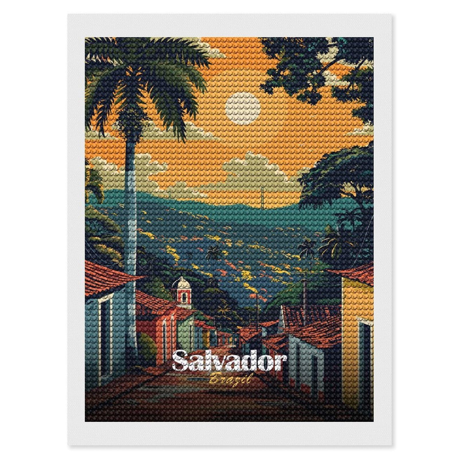 Junmoney Salvador, Brazil Travel Diamond Painting Canvas Kit 12"x16", Adhesive Canvas, Living Room Decor, Farmhouse Decor, Winter Craft