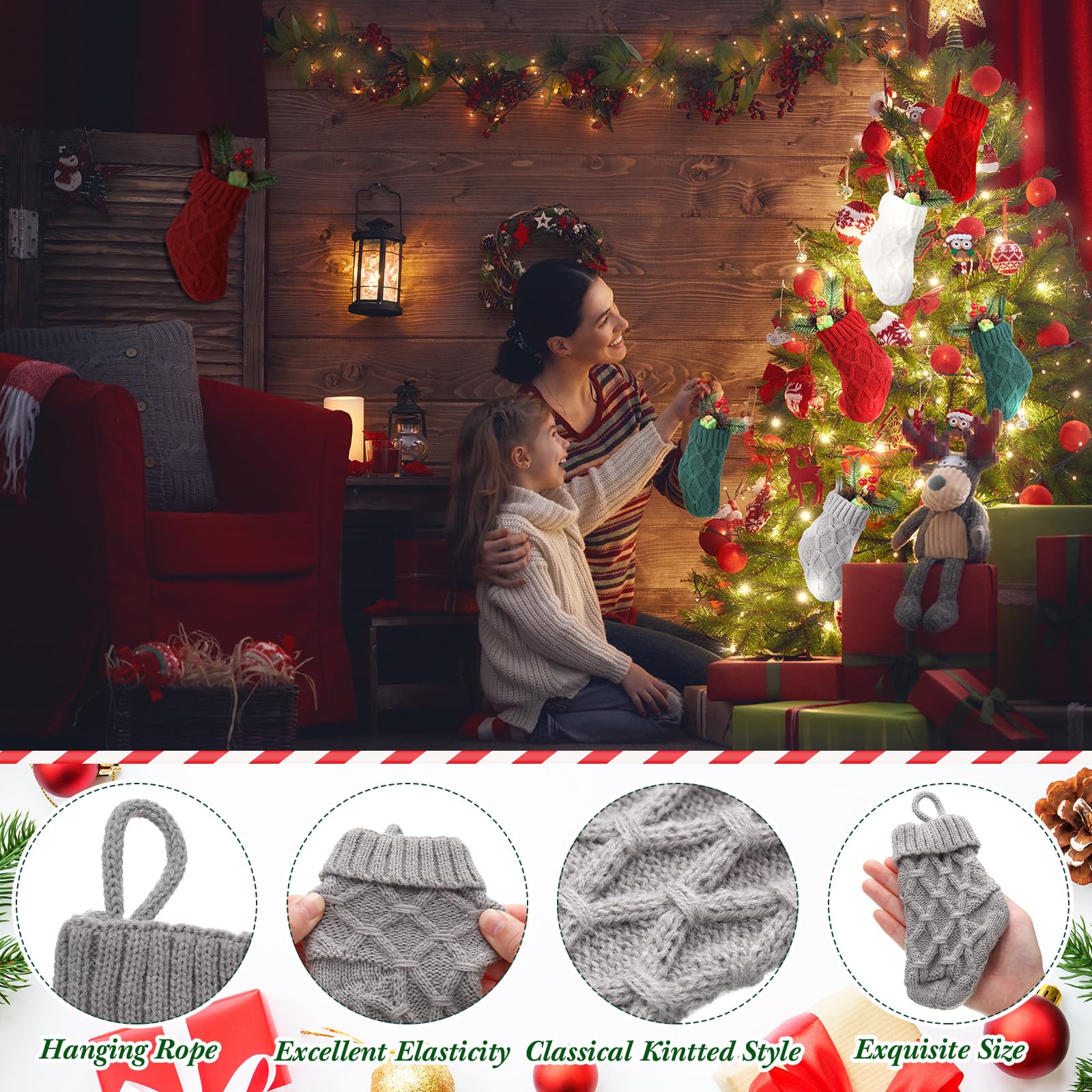 Geyoga Mini-Weihnachtsstrümpfe, gestrickt, 15,2 cm, Zopfstrickstrümpfe, Großpackung, Weihnachtsdekoration für Weihnachtsbaum, Kamin, Urlaub, Party, Gastgeschenk (rot, grün, weiß, grau), 24 Stück