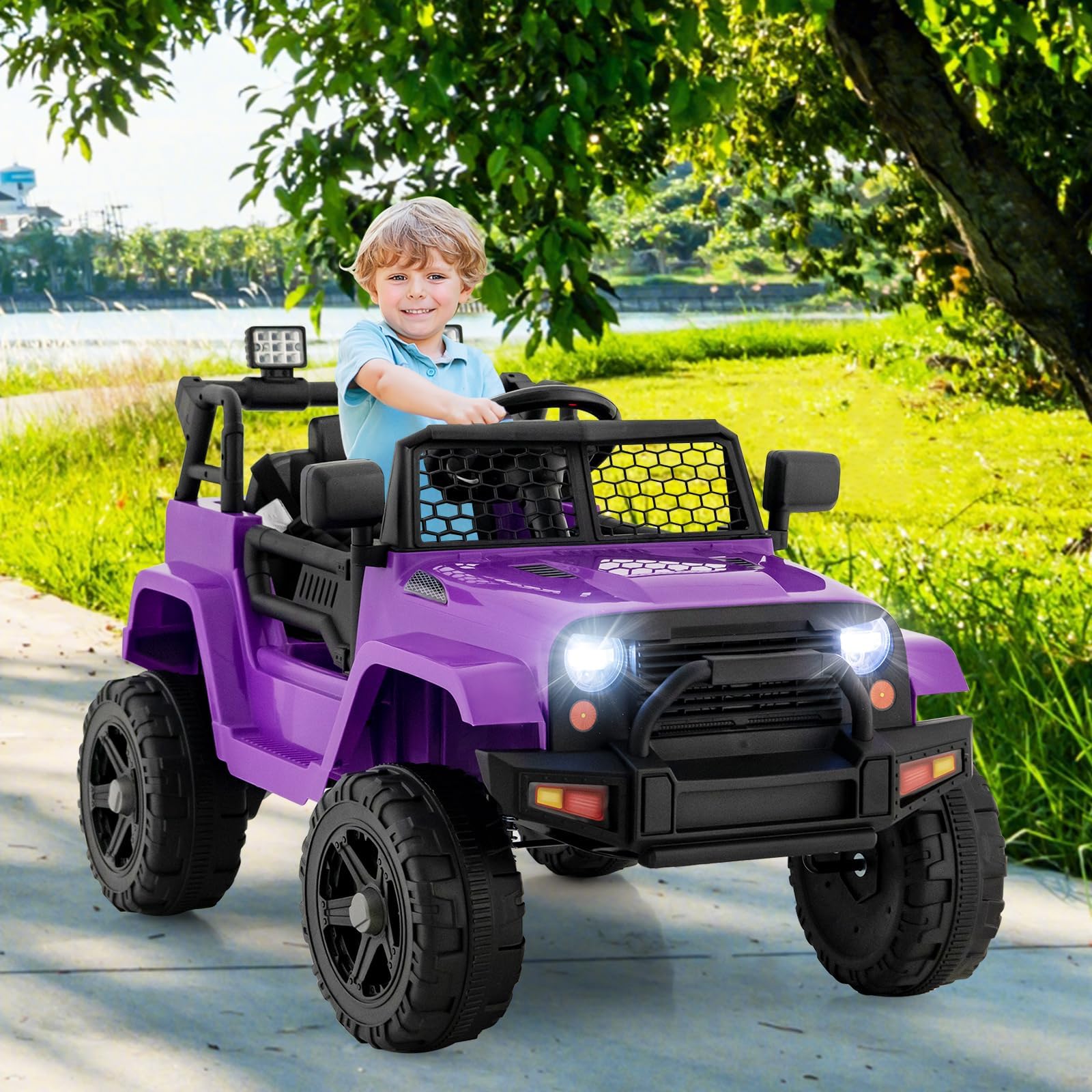 OLAKIDS Kids Ride On Truck, 12V Electric Vehicle Jeep Car with Remote Control, Toddlers Battery Powered Toy with 2 Speeds, Spring Suspension, Double Open Doors, LED Light, Music, TF, USB, Mp3 (Purple)