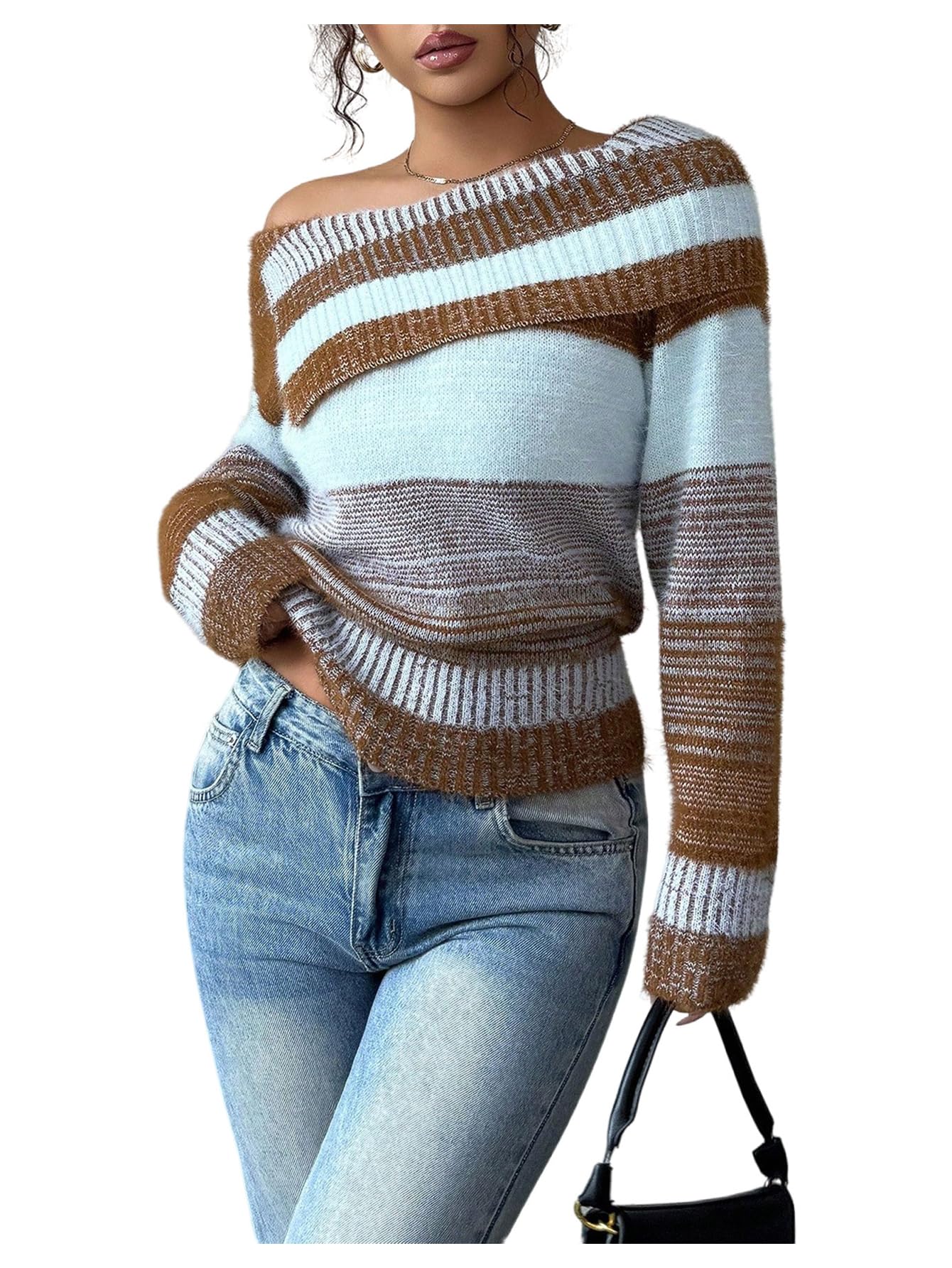 MakeMeChic Womens Striped Fuzzy Sweater Long Sleeve Pullover Asymmetrical Neck Winter Top