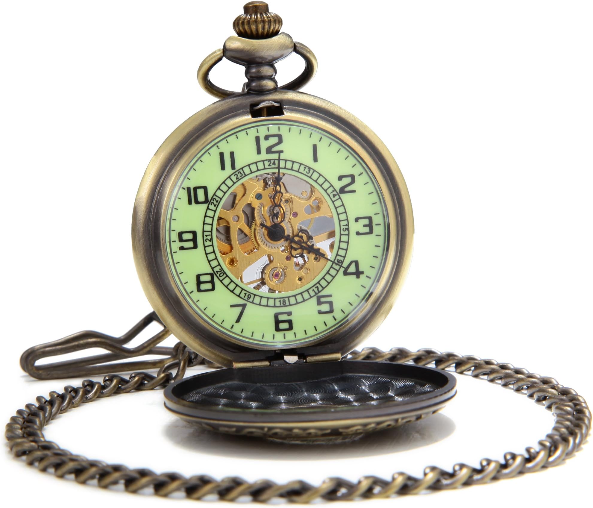 SEWORVintage Gentleman Mechanical Hand Wind Pocket Watch Luminous Dial Magnifier Glass