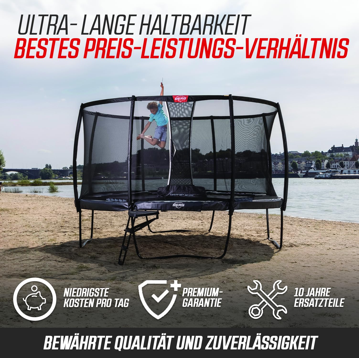 BERG Ultim Elite Regular 500 Grau Gartentrampolin Sicherheitsnetz | Rechteckiges Trampolin 500x300 | Premium Gartentrampolin Outdoor | AirFlow Pro Sprungmatte | TwinSpring Federn