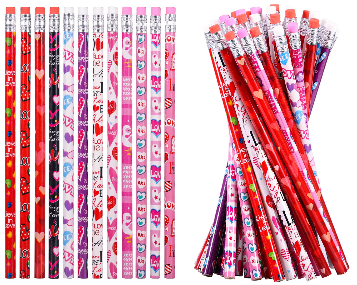 emzrivo 72 Pieces Valentine's Day Pencils with Top Erasers - 12 Styles for Gifts, Party Favors, Classroom Rewards & School Supplies