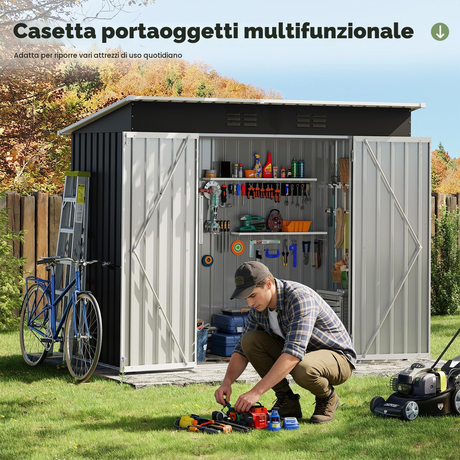 UDPATIO Casetta da Giardino in Metallo, 228x109x181 cm, Armadio da Giardino con Porta e Serratura, Armadio da Esterno Impermeabile per Prato, Attrezzi, Giardino e Balcone