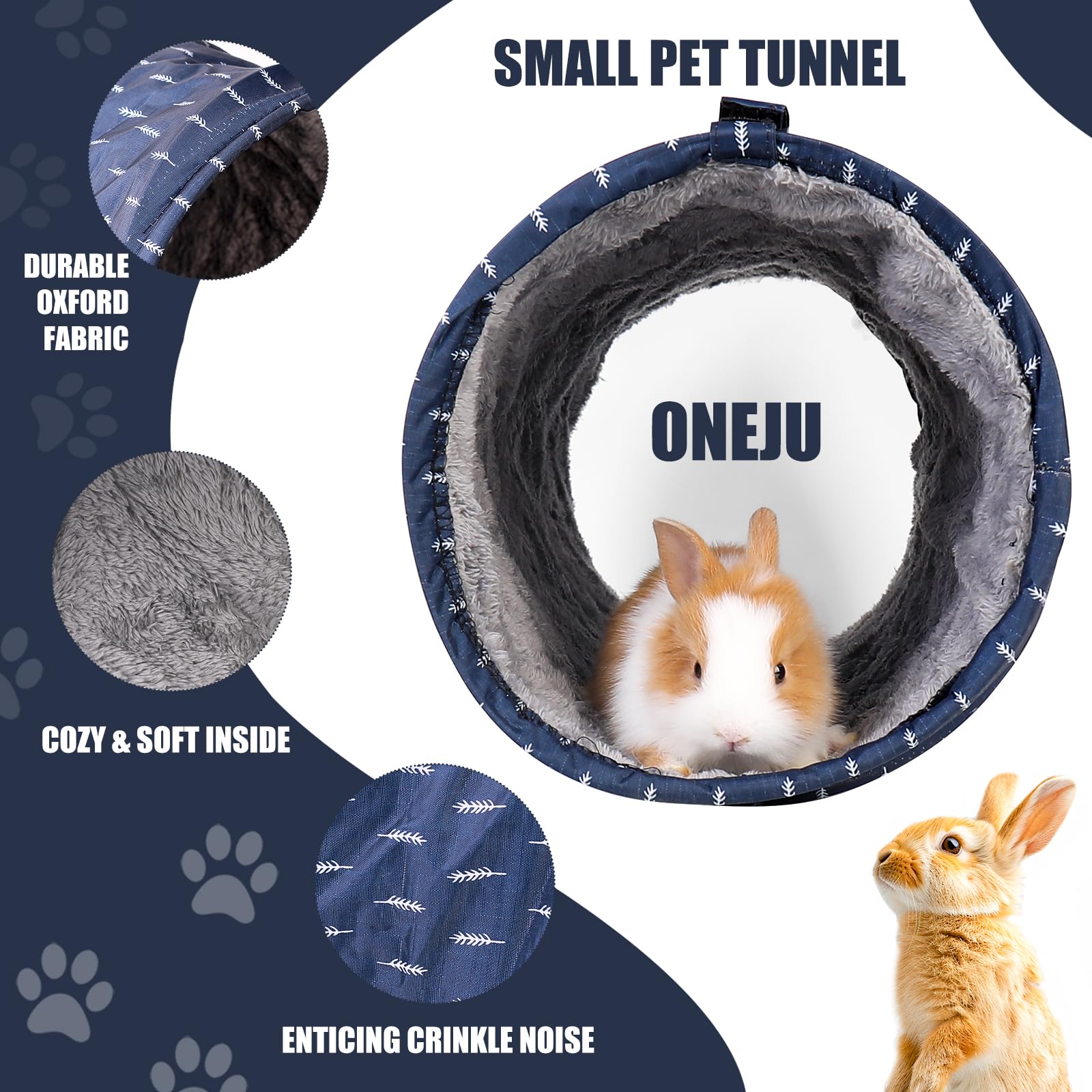 ONEJU Rabbit Tunnel - Guinea Pig Tunnel, Guinea Pig Tube, 2-Way Small Pet Play Tube, Folds Flat for Storage, Tunnel for Guinea Pig and Bunny, Dark Blue, Leaf Pattern - Image 3