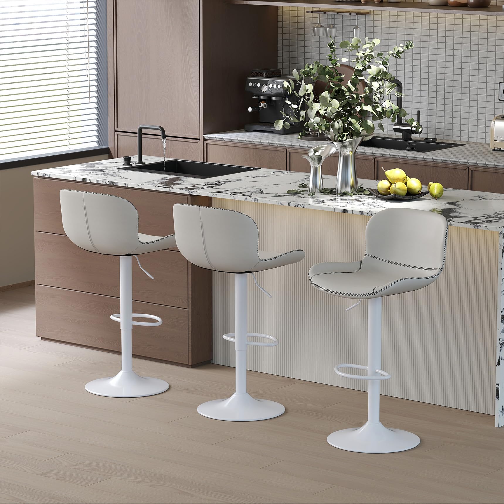 Youhauchair Bar Stools Set of 3, PU Leather Counter Height Barstools with Back, Height Adjustable Swivel Bar Chairs, Modern Armless Kitchen Island Stool, White