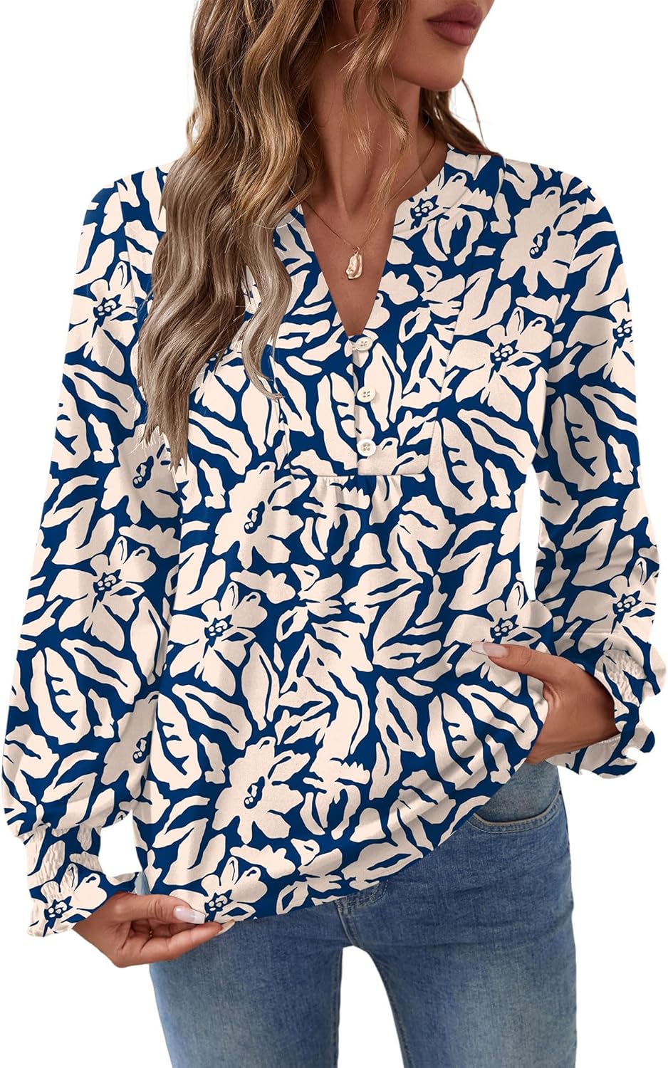 Ivicoer Long Sleeve Cotton Shirts for Women Womens Vneck Tshirts Women Blouses Dressy Casual Fall Clothing Henley Tops S Blue Floral - Image 2