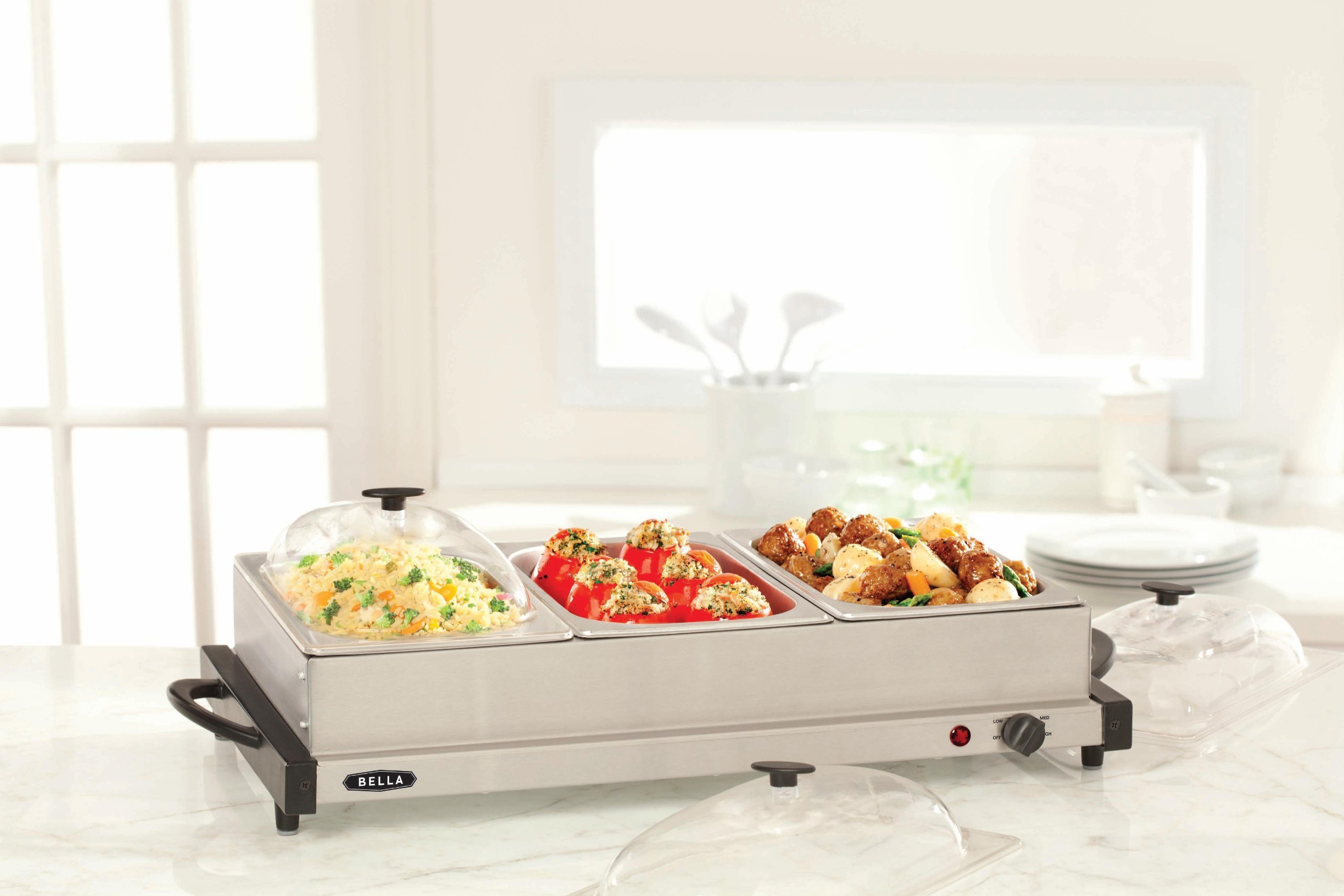 BELLA Triple Buffet Server with three food trays and clear lids