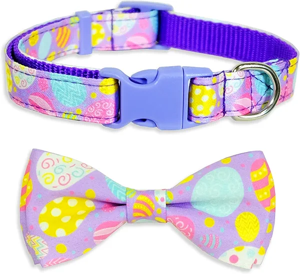 Easter Dog Bow Tie with Collar, Spring Holiday Purple Eggs Collar for Boys and Girls Large Medium Pets Puppies (Easter Day, Small-(11"-17") Neck * 5/8" Wide)