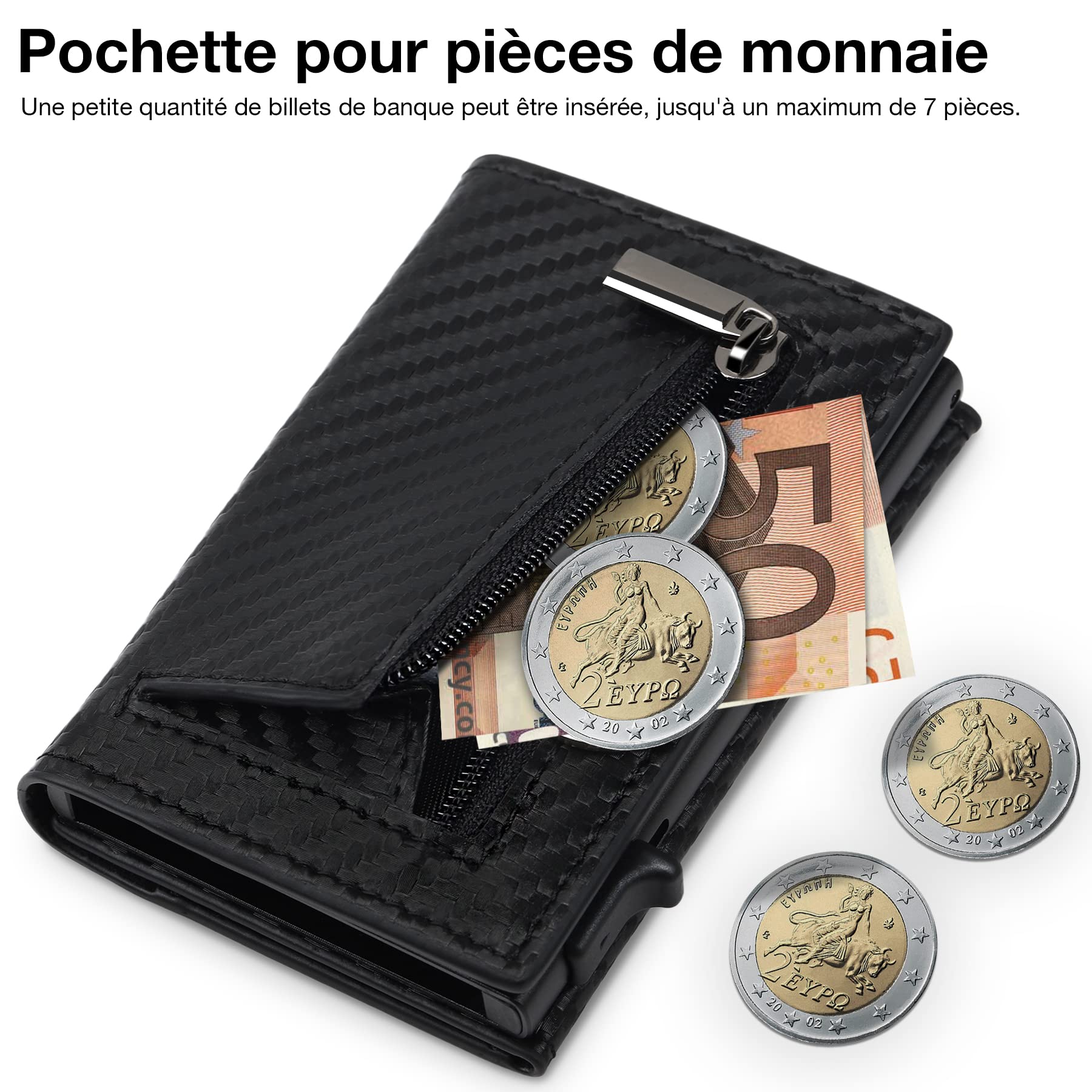 Portefeuille Homme en Fibre de Carbone, Magnétique Porte Carte avec Blocage RFID, Porte Feuille pour Homme avec Compartiment à Billets & Monnaie, Porte-Cartes de Crédit Bancaire (Noir)