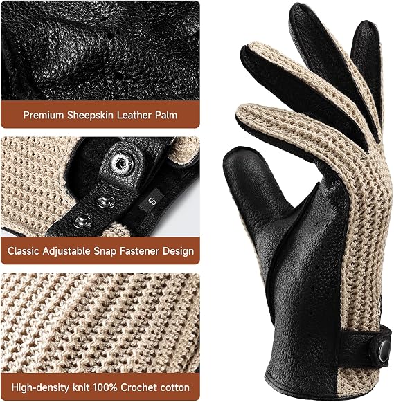 OZERO Leather Driving Gloves, Goatskin Palm, Unlined Crochet Knit Back | Full Finger Design, Breathable Knit Back, Perforated Airflow, Adjustable Snap Wrist, For Driving, Motorcycle And Casual Wear