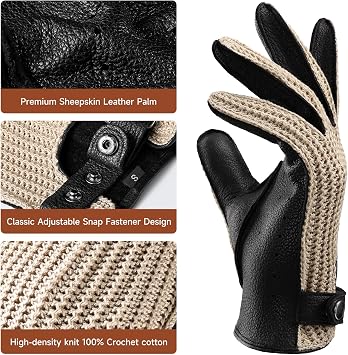 OZERO Leather Driving Gloves, Goatskin Palm, Unlined Crochet Knit Back | Full Finger Design, Breathable Knit Back, Perforated Airflow, Adjustable Snap Wrist, For Driving, Motorcycle And Casual Wear