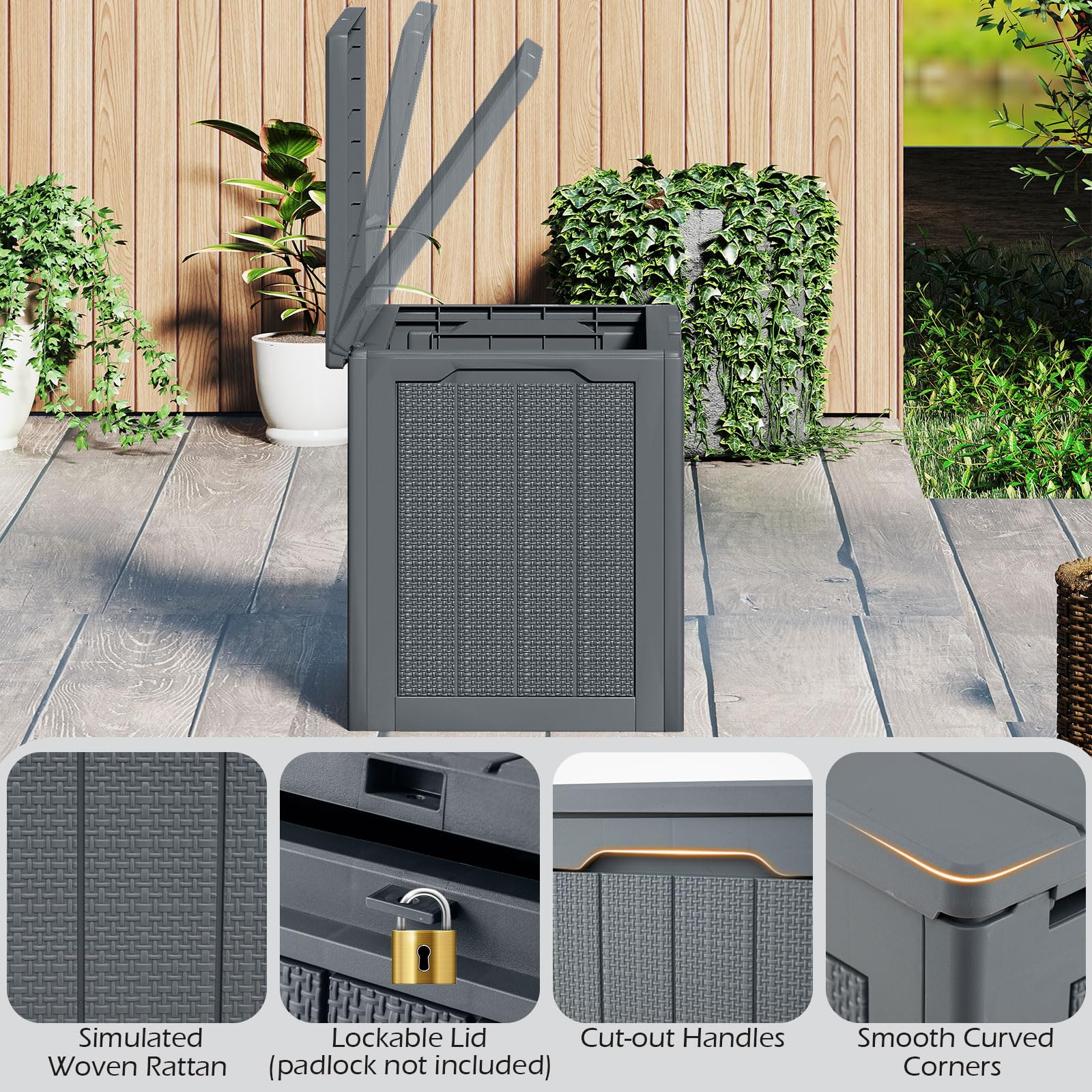 FANTASK 106L Gartenbox, 56 x 41 x 50,5 cm, Outdoor Kissenbox mit abschließbarem Deckel, Auflagenbox wasserfeste, Schrank Rattan-Optik für Poolzubehör, Gartengeräte, Pakete (Grau)