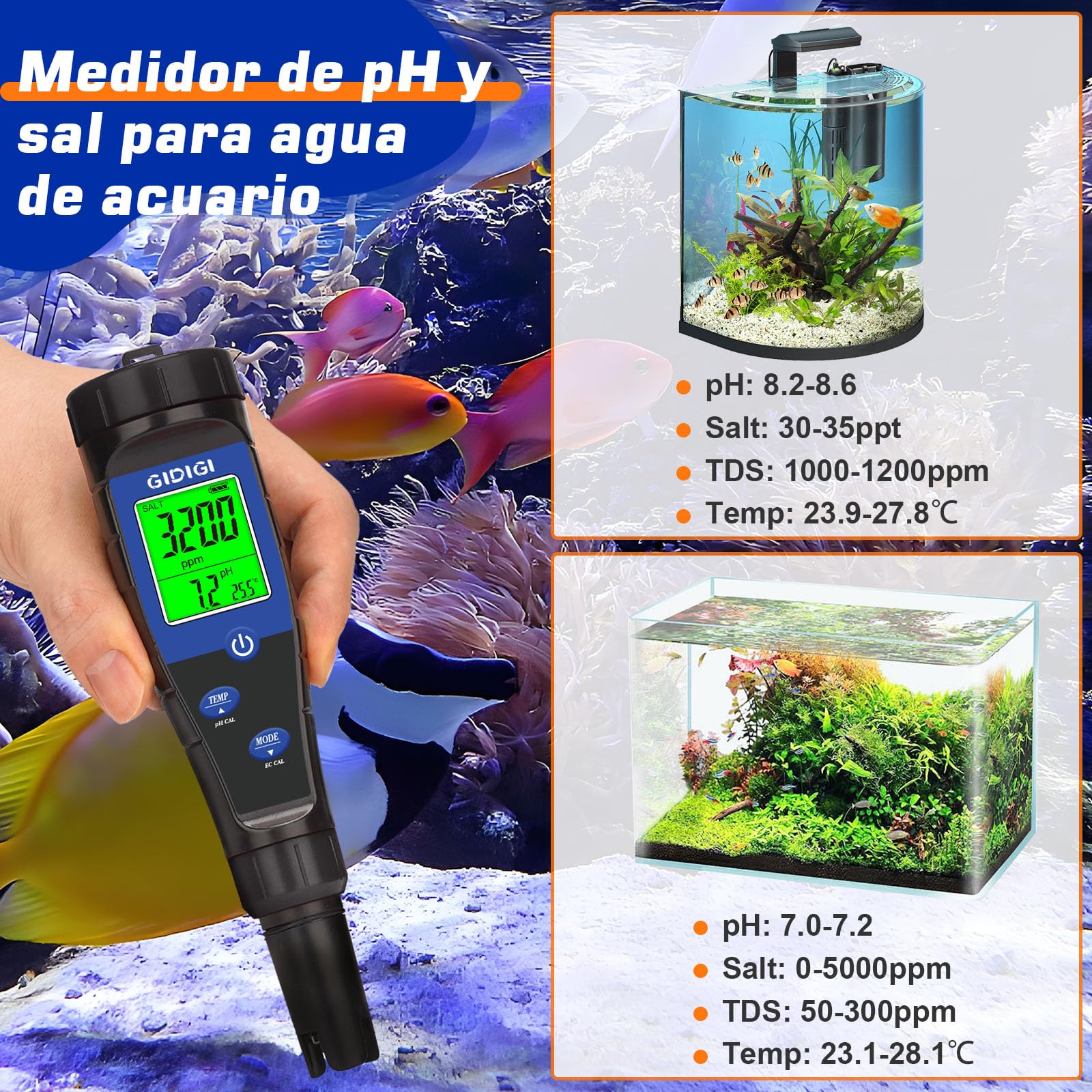 Medidor de pH, probador de sal para piscina, 5 en 1, probador de TDS EC pH con líquidos calibración, medidor ppm pH para piscina agua salada, acuario, spa, hidroponía, cerveza