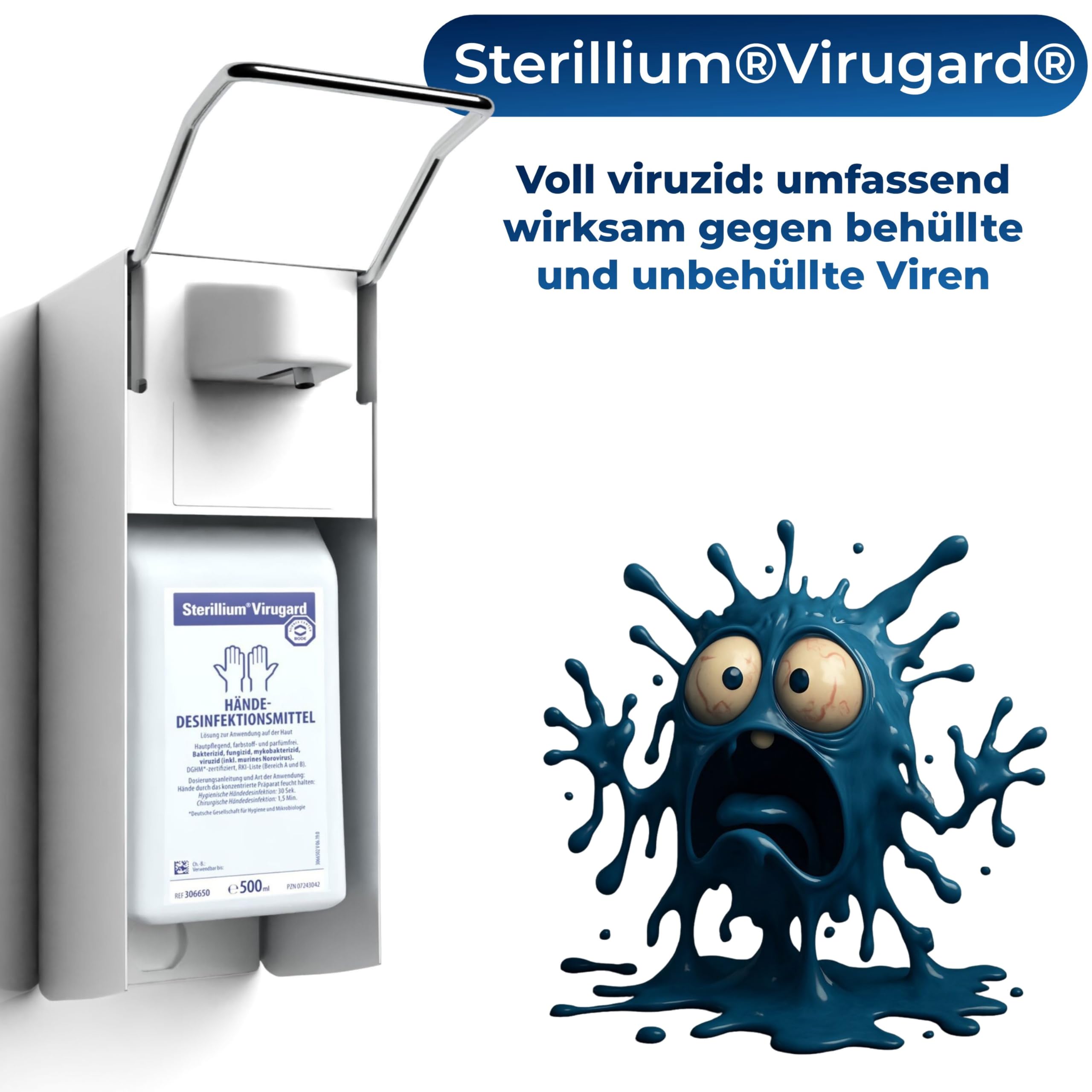 Desinfektionsspender/Seifenspender/Langarm-Wandspender aus Aluminium Starterset mit Sterillium Virugard Händedesinfektionsmittel (1)