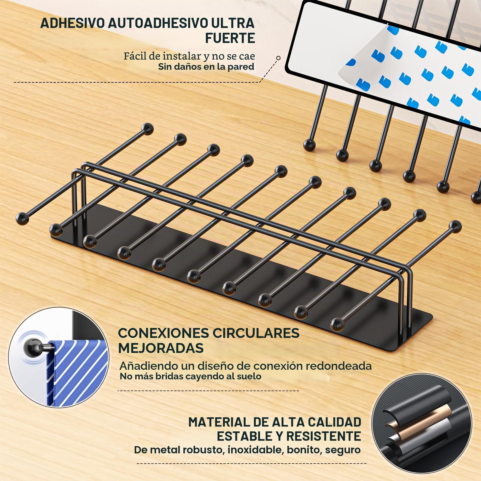 Corbateros para armarios, Perchero de Pared para Corbatas, Percha para accsesorios Hombre, Colgador de Metal para guardarropa, Gancho Adhesiva para Corbatas, Cinturones, Bufandas (Negro)