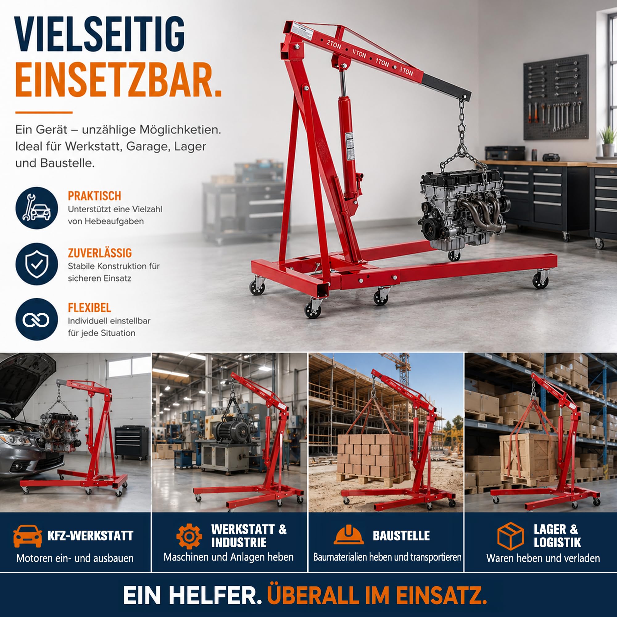Hydraulik Hebebock 2 Tonnen, Klappbarer Teleskop-Hubwagen Mit 4-Stufen Ausleger (30-230cm), 360° Lenkrollen, Werkstattheber Für Auto-Reparatur, Baustelle, Lager