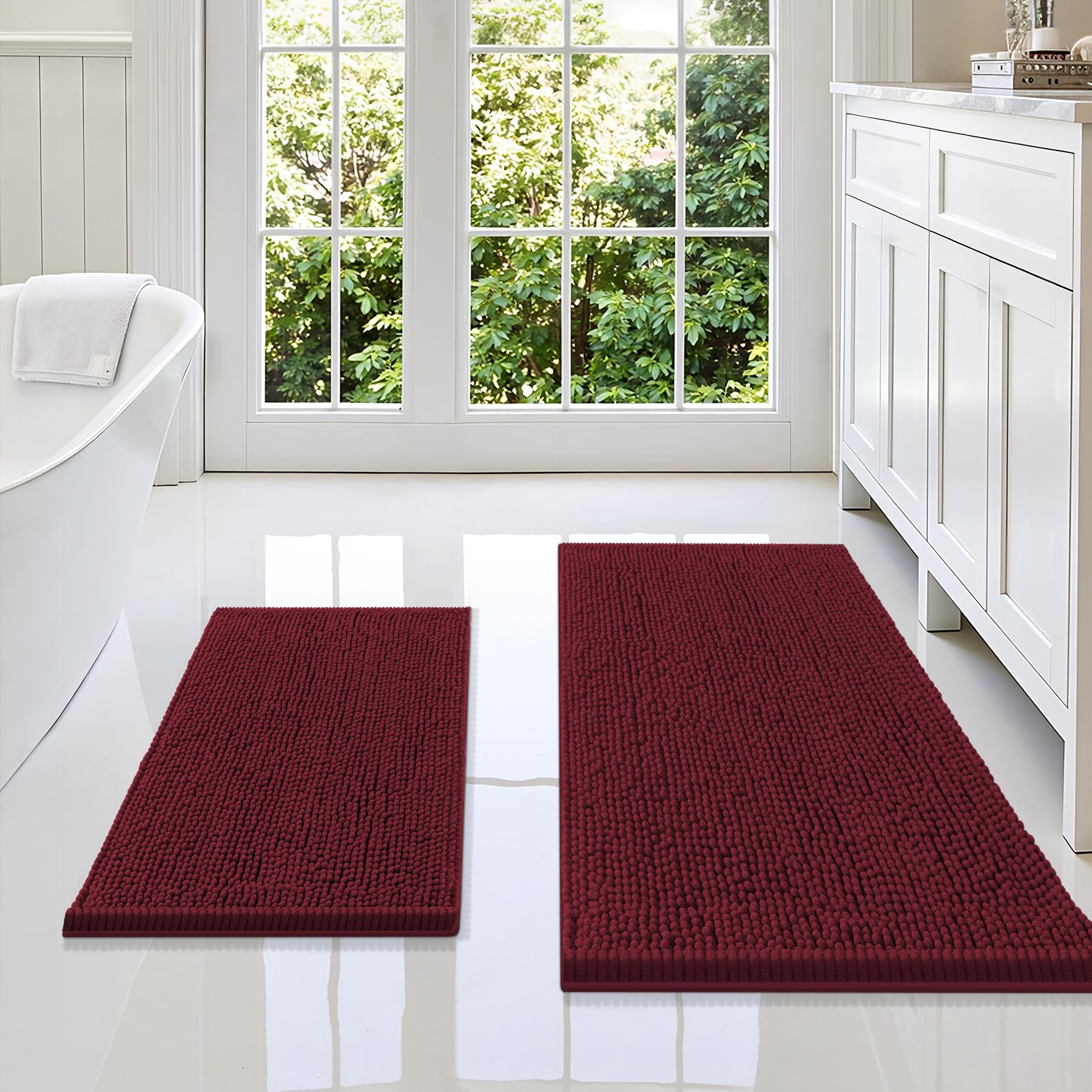 Smiry Chenille Bathroom Rugs Sets 2 Piece (36x24+24x16, Burgundy)