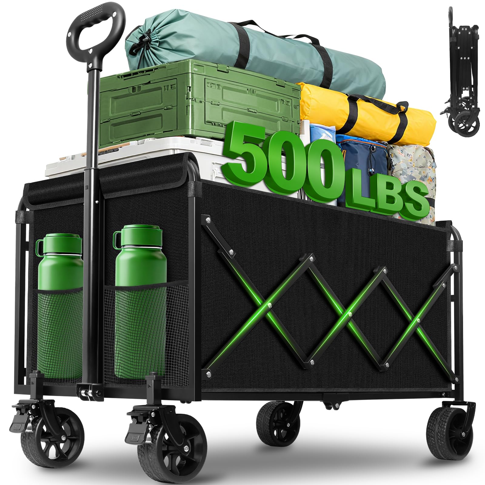 Wagon Cart Foldable,500Lbs Collapsible Wagon Cart with Wheels Portable, All Terrain Outdoor Utility Carts for Groceries, Camping, Sports, Garden, Shopping, Black