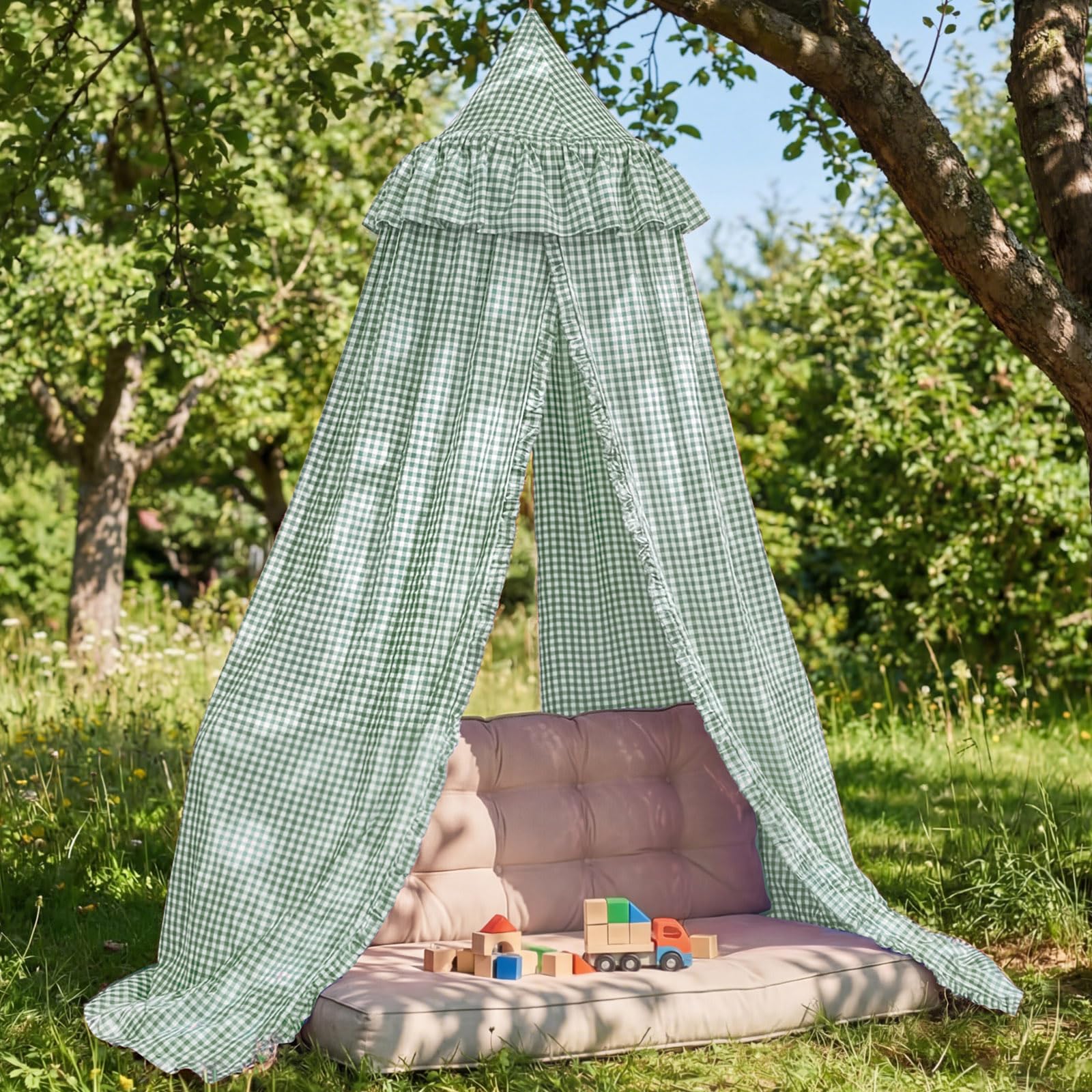SmoothNovelty Gingham Plaid Bed Canopy with Ruffles Soft Vintage Style Decorative Tent for Reading Nook Play Area or Adult Bedroom Circus Tent Canopy(Yellow) — view 13