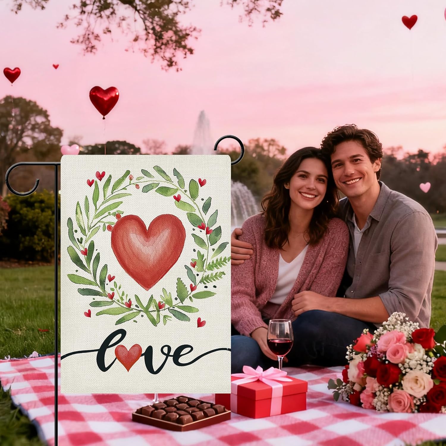 Dyrenson Valentines Day Love Decorative Garden Flag, Watercolor Red Heart Wreath Yard Outside Home Decoration, Anniversary Wedding Burlap Outdoor Small Decor Double Sided 12 x 18 - Image 6