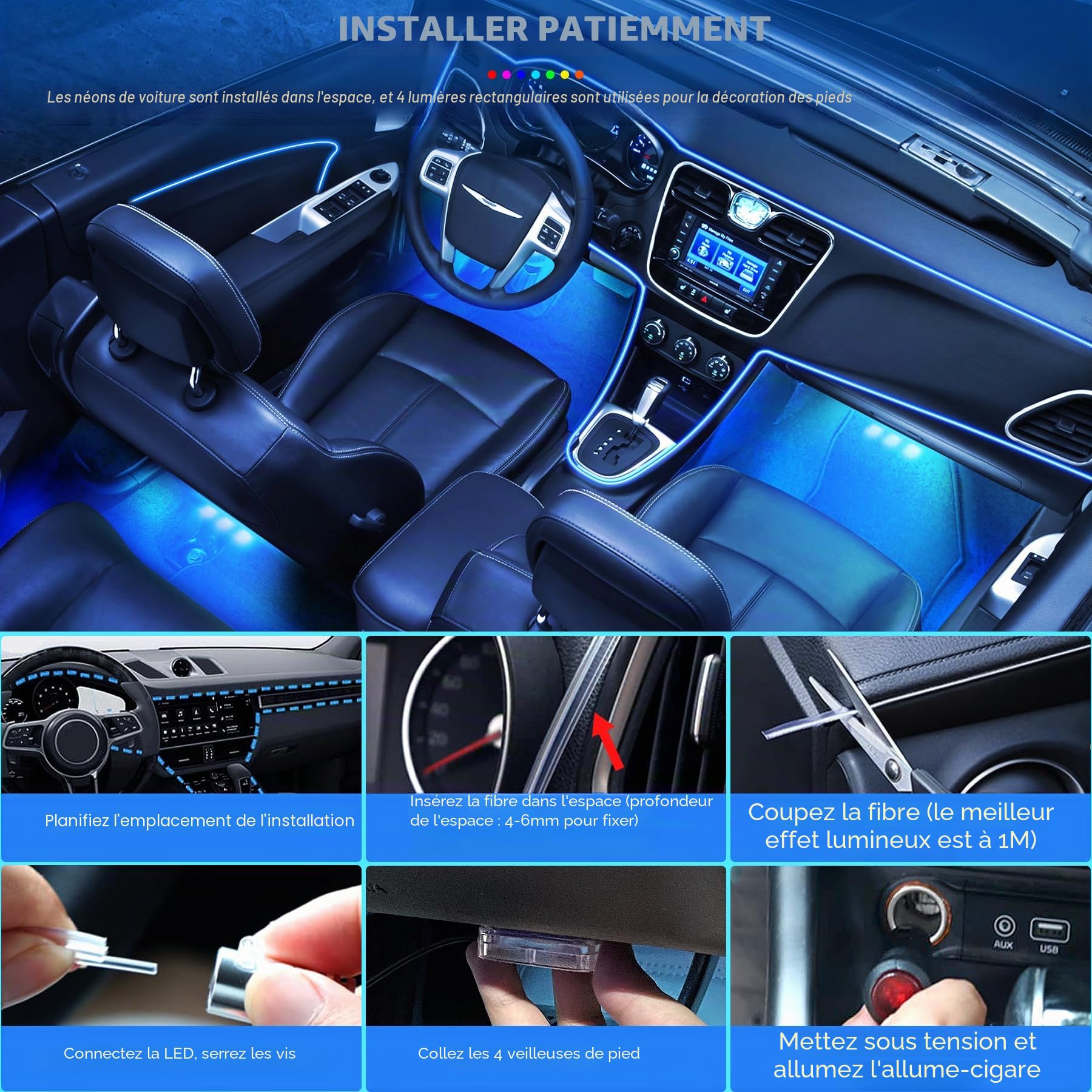 Bande LED pour intérieur de voiture, 6,5 m, Éclairage intérieur néon, 12 V RVB, Étanche, Avec application, Éclairage d'ambiance contrôlable, Musique et éclairage de plancher