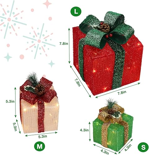 Miniatura 3 de VINGLI - Juego de 3 cajas de regalo iluminadas de Navidad, cajas de presente resistentes al clima, decoración para el hogar, 60 luces LED