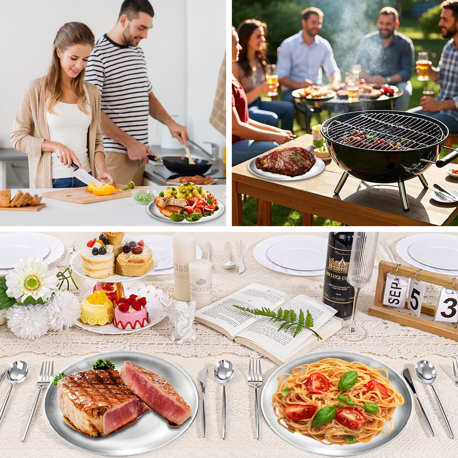 Set di 8 Piatti in Acciaio Inossidabile 20 cm – Piatti Rotondi in Inox Riutilizzabili e Lavabili in Lavastoviglie, Piatto da Portata, Barbecue, Campeggio, Pique-Nique, Cucina e Uso Quotidiano