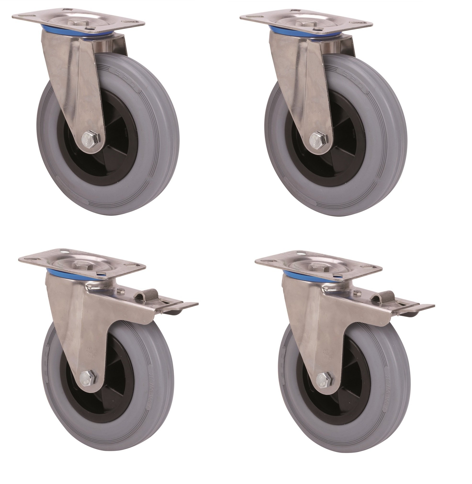Satz Edelstahlrolle Gummi grau 200 mm Platte Lenkrolle mit ohne Bremse INOX V2A
