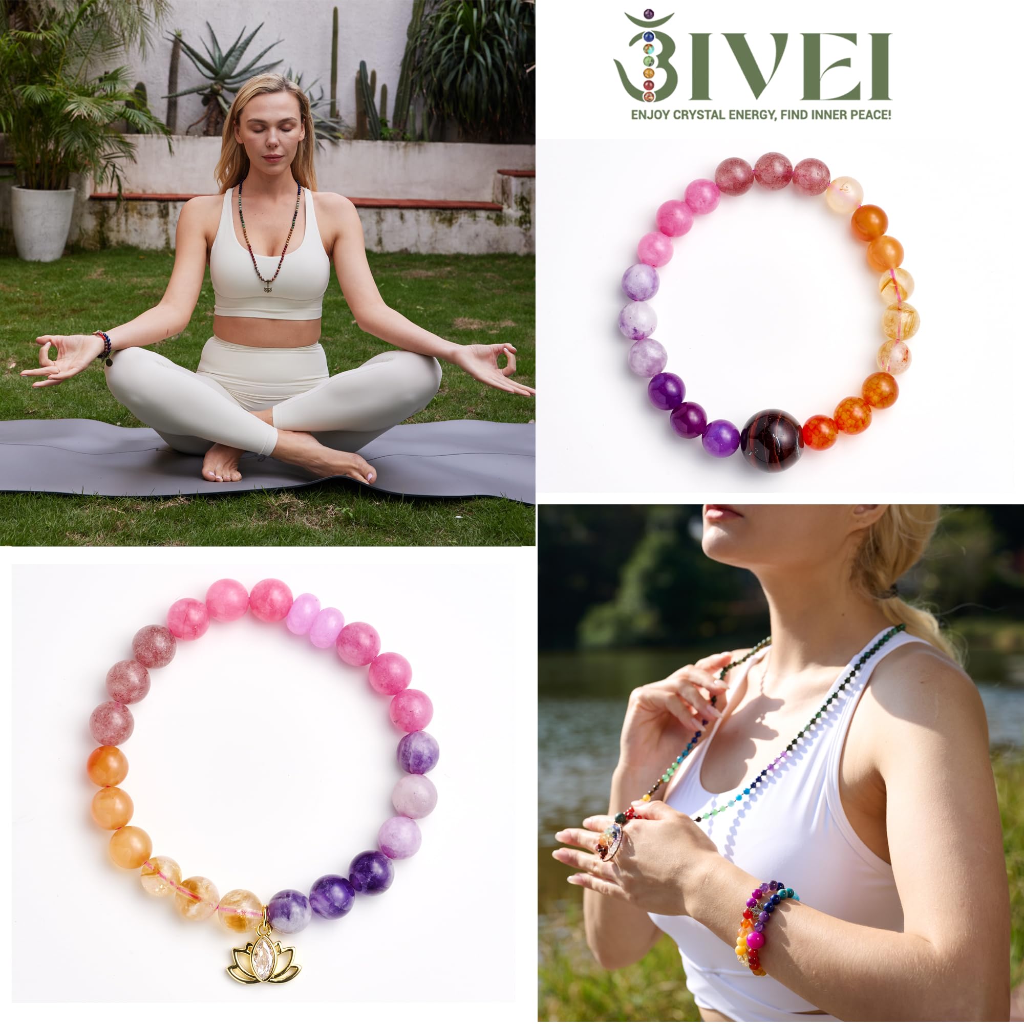 Bivei Bracciali in pietra naturale Cristallo verde e pietra Chakra Bracciale di perline 8 mm Semi Precious Bead Lotus Charm Gioielli Regali Bracciali per le donne